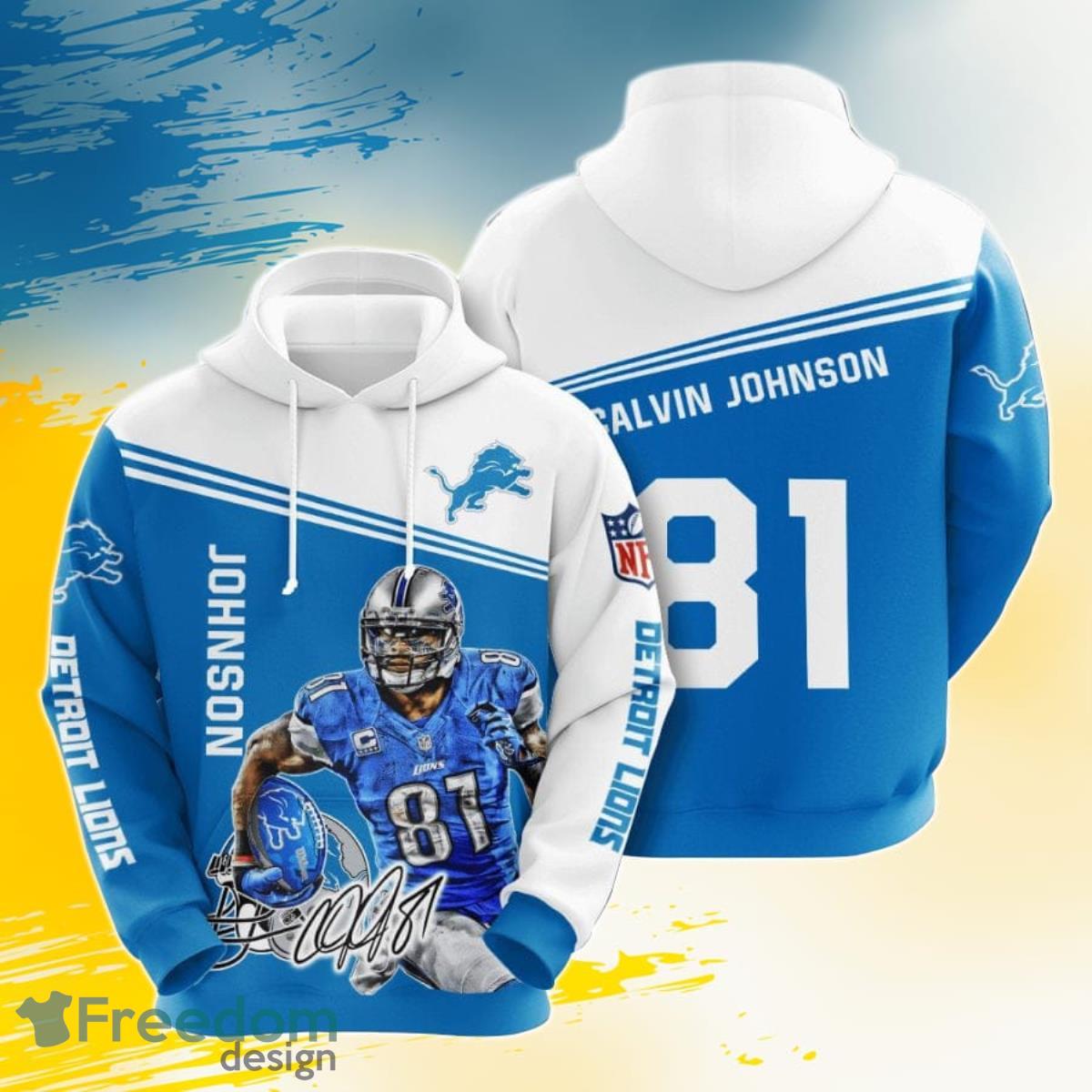 NFL Detroit Lions Calvin Johnson Honolulu Blue White 3D Pullover Hoodie For Fans Product Photo 1