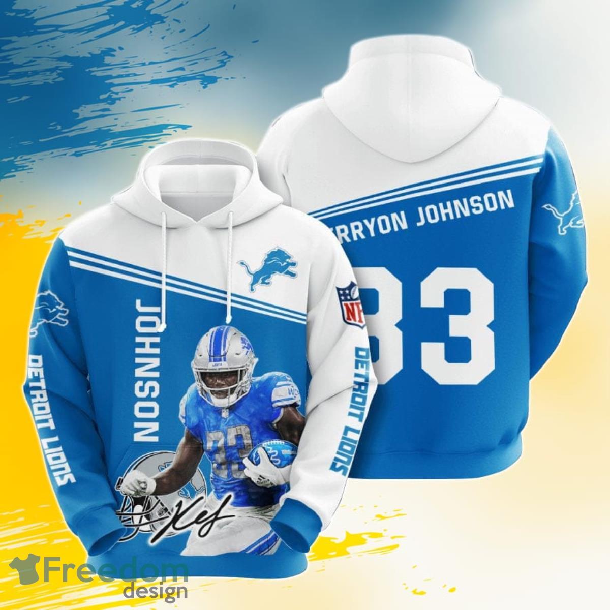 NFL Detroit Lions Kerryon Johnson Honolulu Blue White 3D Pullover Hoodie For Fans Product Photo 1