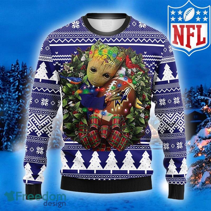 NFL Fans Baltimore Ravens Groot Hug Logo Ugly Christmas Sweater For Men And Women - NFL Baltimore Ravens Groot Hug Ugly Christmas Sweater_1