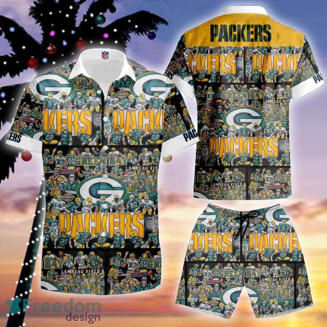 NFL Green Bay Packers Yellow Cover Green Text Hawaiian Shirt