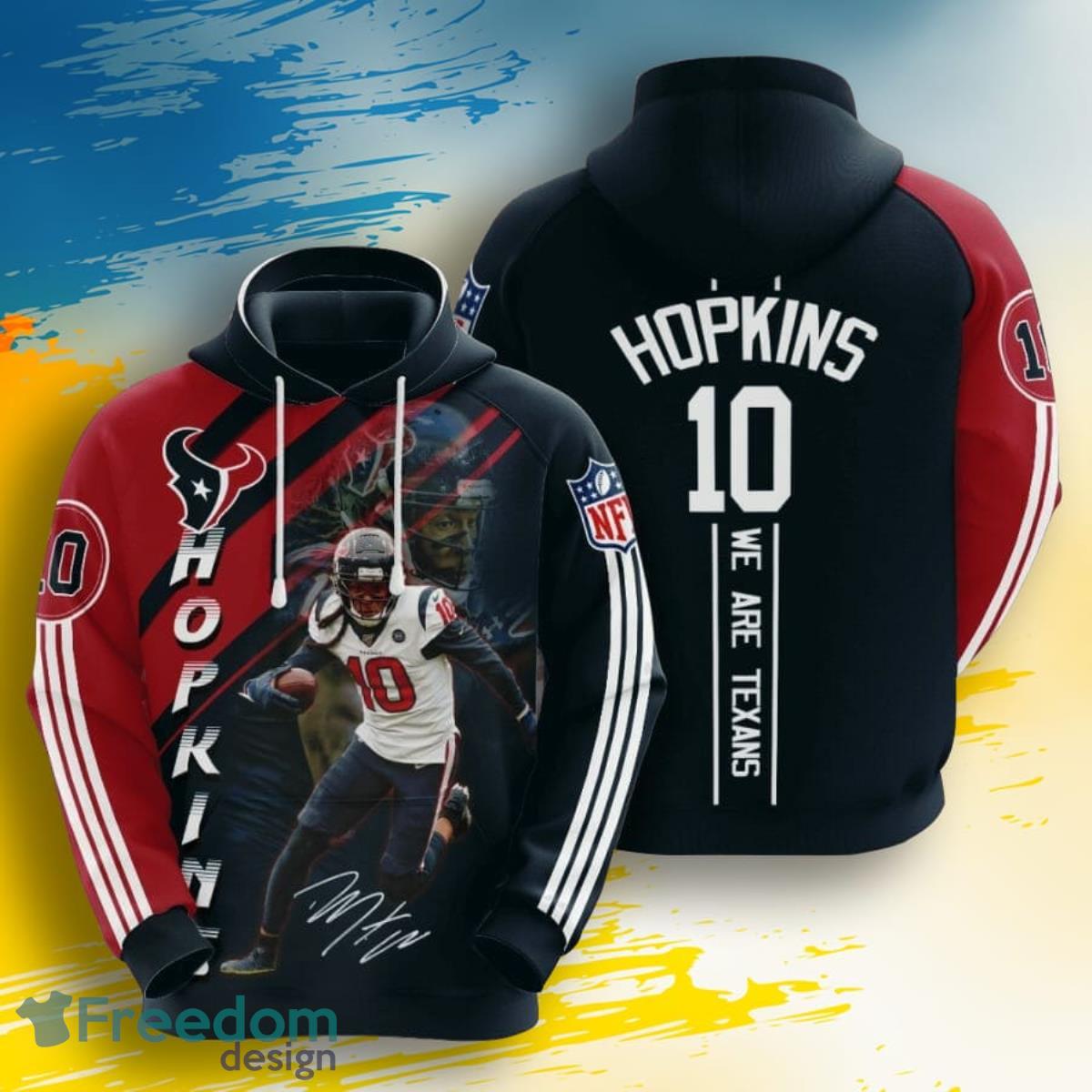 NFL Houston Texans DeAndre Hopkins 10  Blue Battle Red Stripes 3D Pullover Hoodie For Fans Product Photo 1