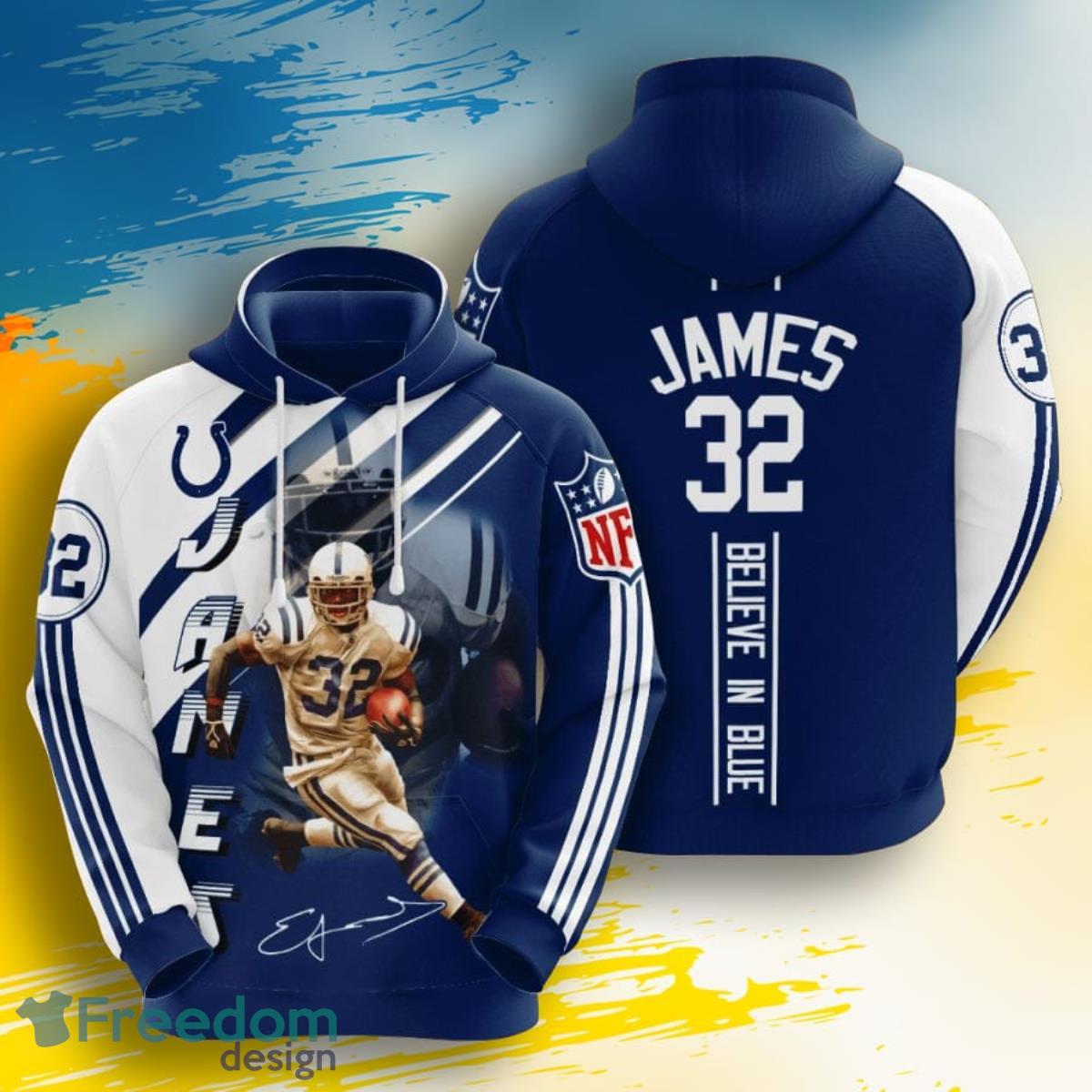 NFL Indianapolis Colts Edgerrin James Blue White Stripes 3D Pullover Hoodie For Fans Product Photo 1