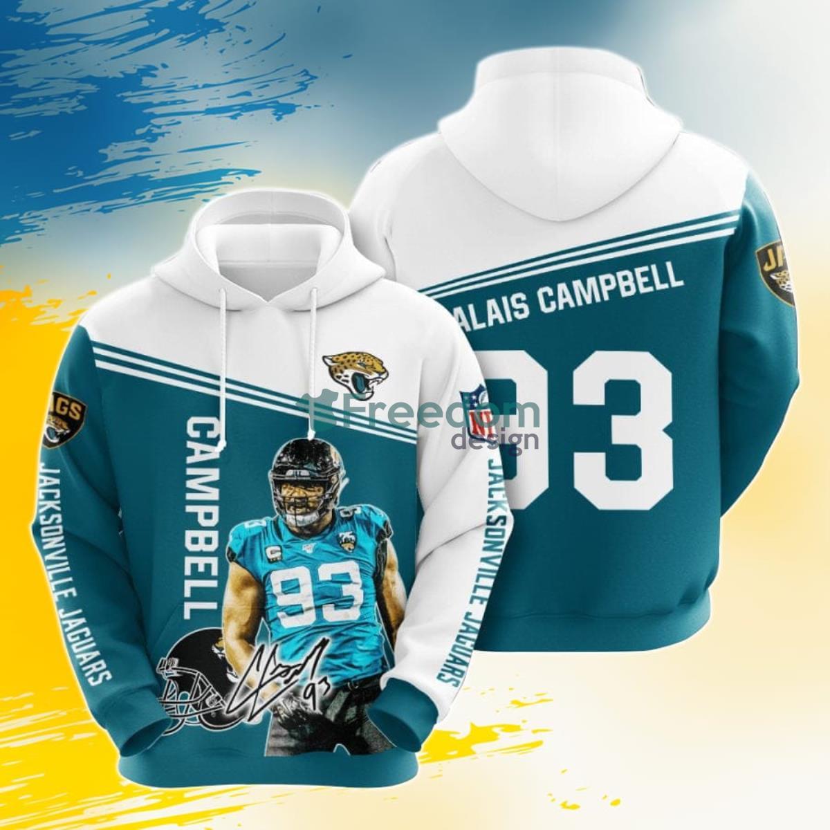 NFL Jacksonville Jaguars Calais Campbell Teal White 3D Pullover Hoodie For Fans Product Photo 1