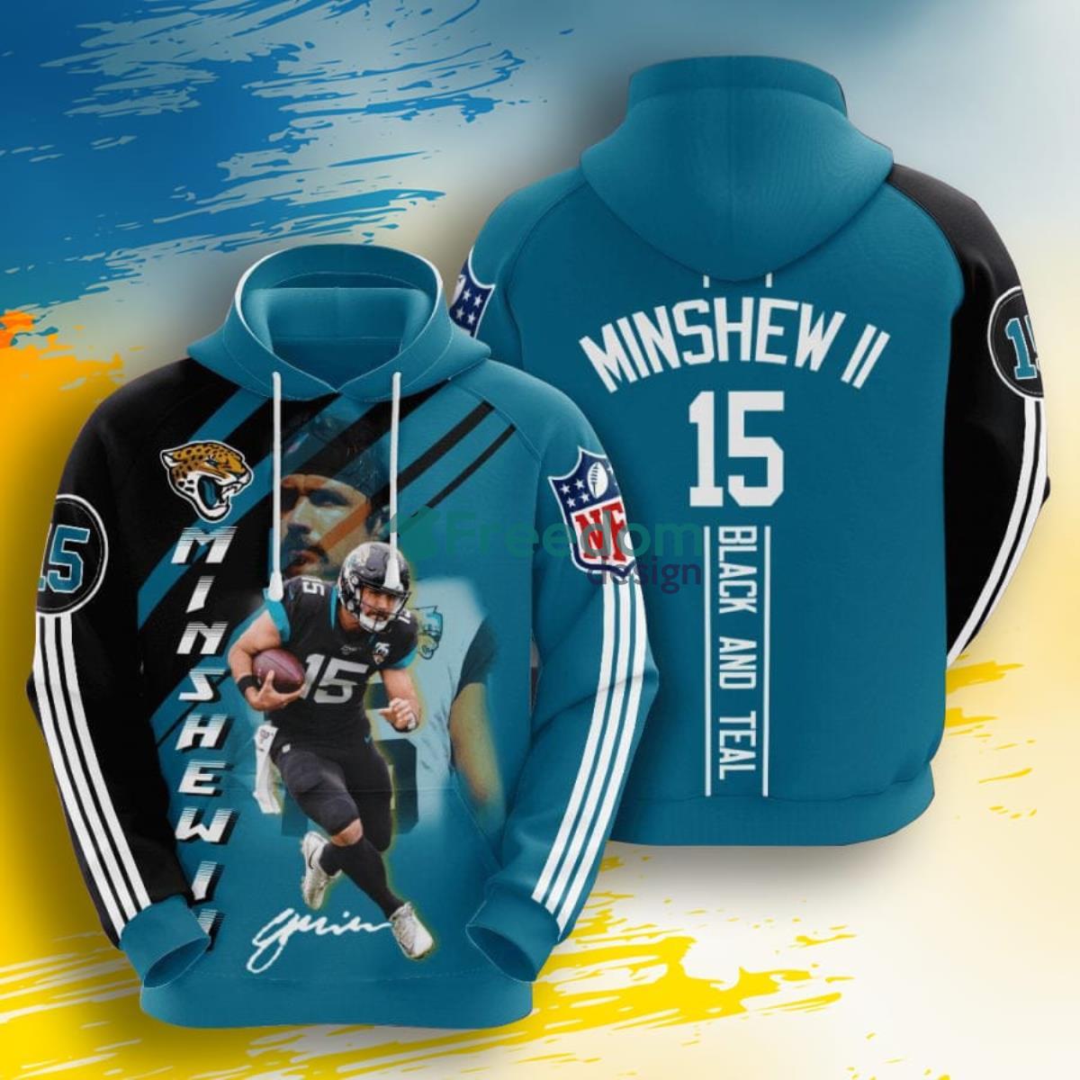 NFL Jacksonville Jaguars Gardner Minshew Teal Black Stripes 3D Pullover Hoodie For Fans Product Photo 1