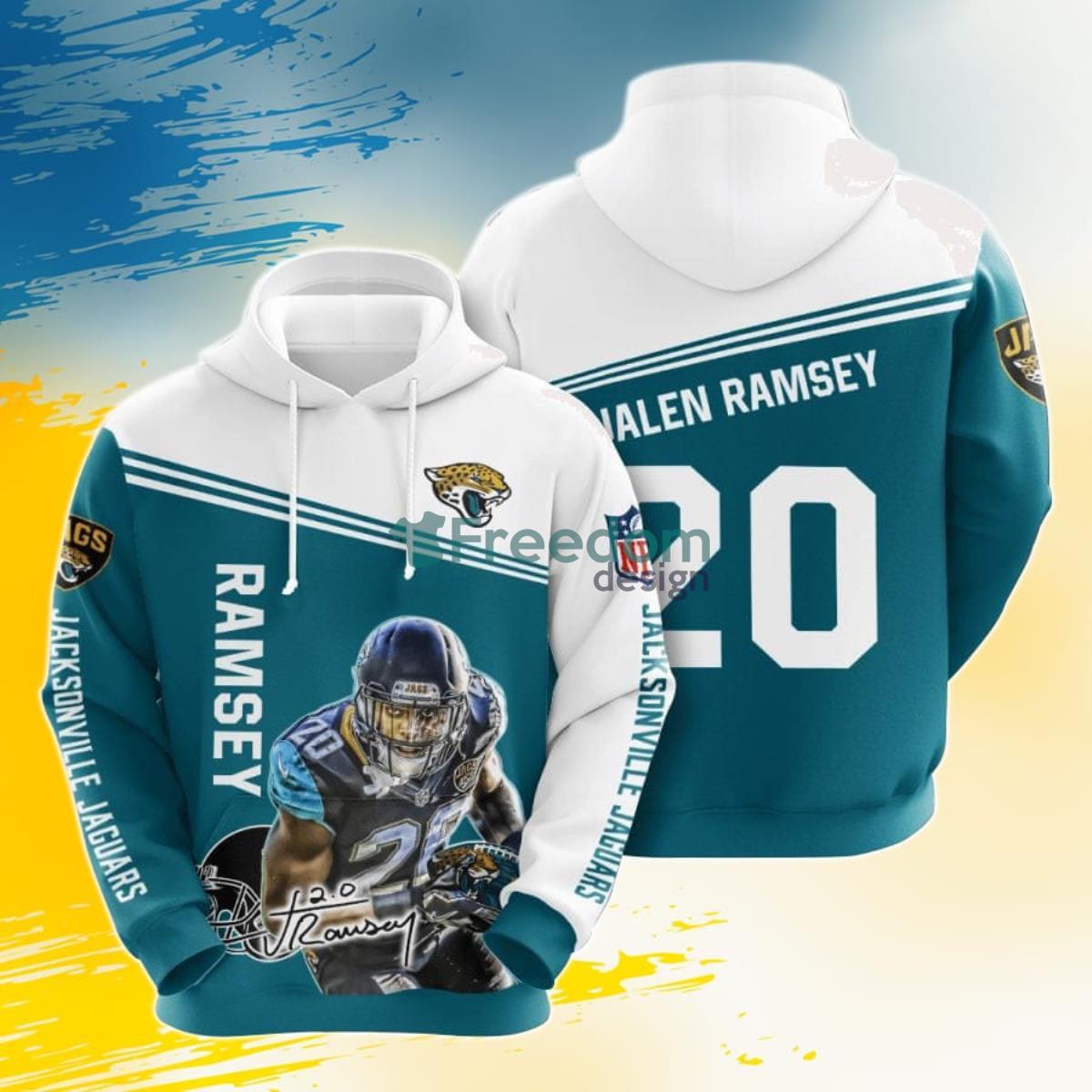 NFL Jacksonville Jaguars Jalen Ramsey Teal White 3D Pullover Hoodie For Fans Product Photo 1