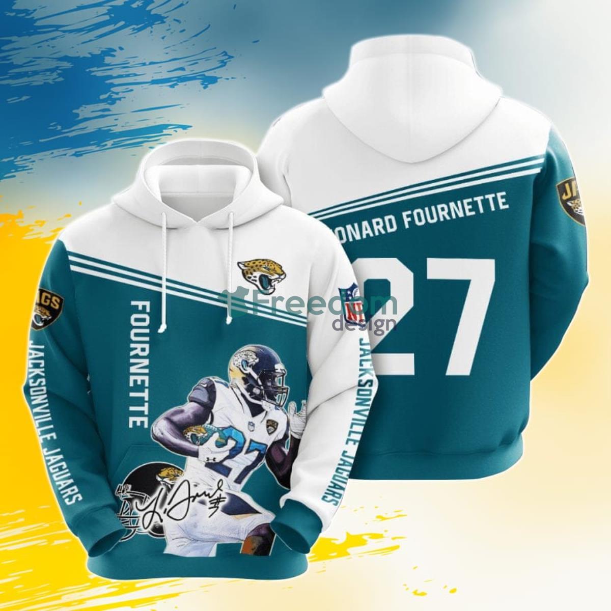 NFL Jacksonville Jaguars Leonard Fournette Teal White 3D Pullover Hoodie For Fans Product Photo 1