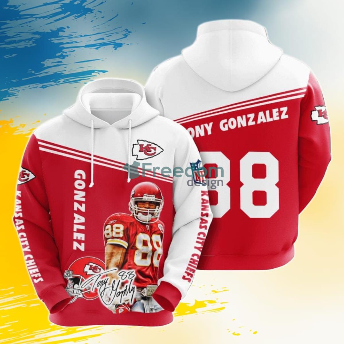 NFL Kansas City Chiefs Tony Gonzalez Red White 3D Pullover Hoodie For Fans Product Photo 1