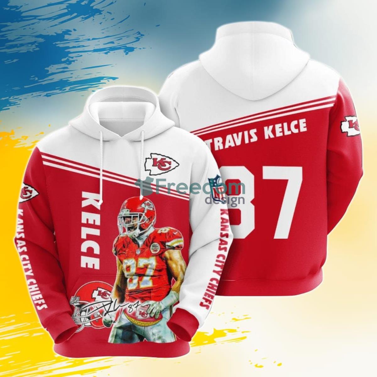 NFL Kansas City Chiefs Travis Kelce Red White 3D Pullover Hoodie For Fans Product Photo 1