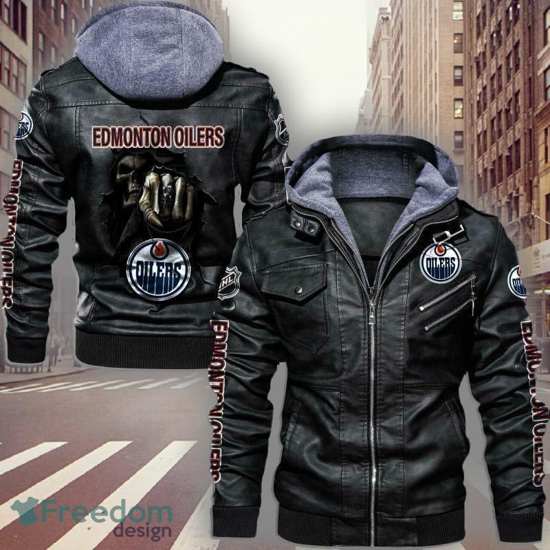 NHL Edmonton Oilers Fans Logo Black And Brown Leather Jacket Men And Women  - Freedomdesign