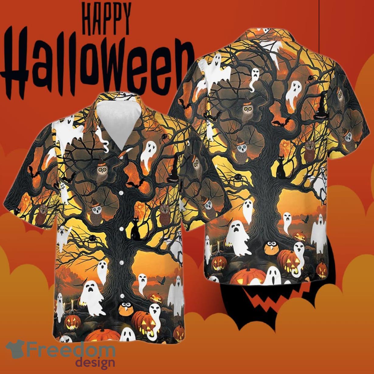 Night Of Pumpkin And Ghost Hawaiian Shirt Happy Halloween For Men's Product Photo 1