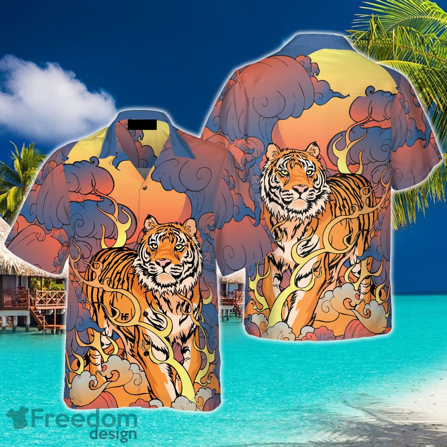 Oriental-powerful-tiger Hawaiian Shirt, Dawn-sun-and-cloud Tiger Print Shirt  For