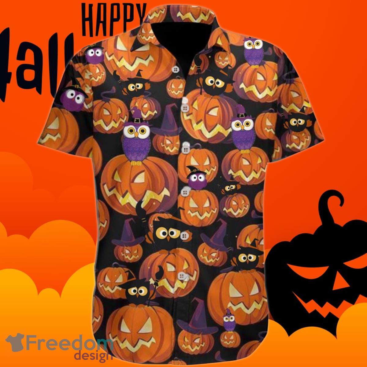 Owl  Halloween Hawaiian Shirt Orange Pumpkin Aloha Shirt Cute Halloween Teacher Gift Product Photo 1