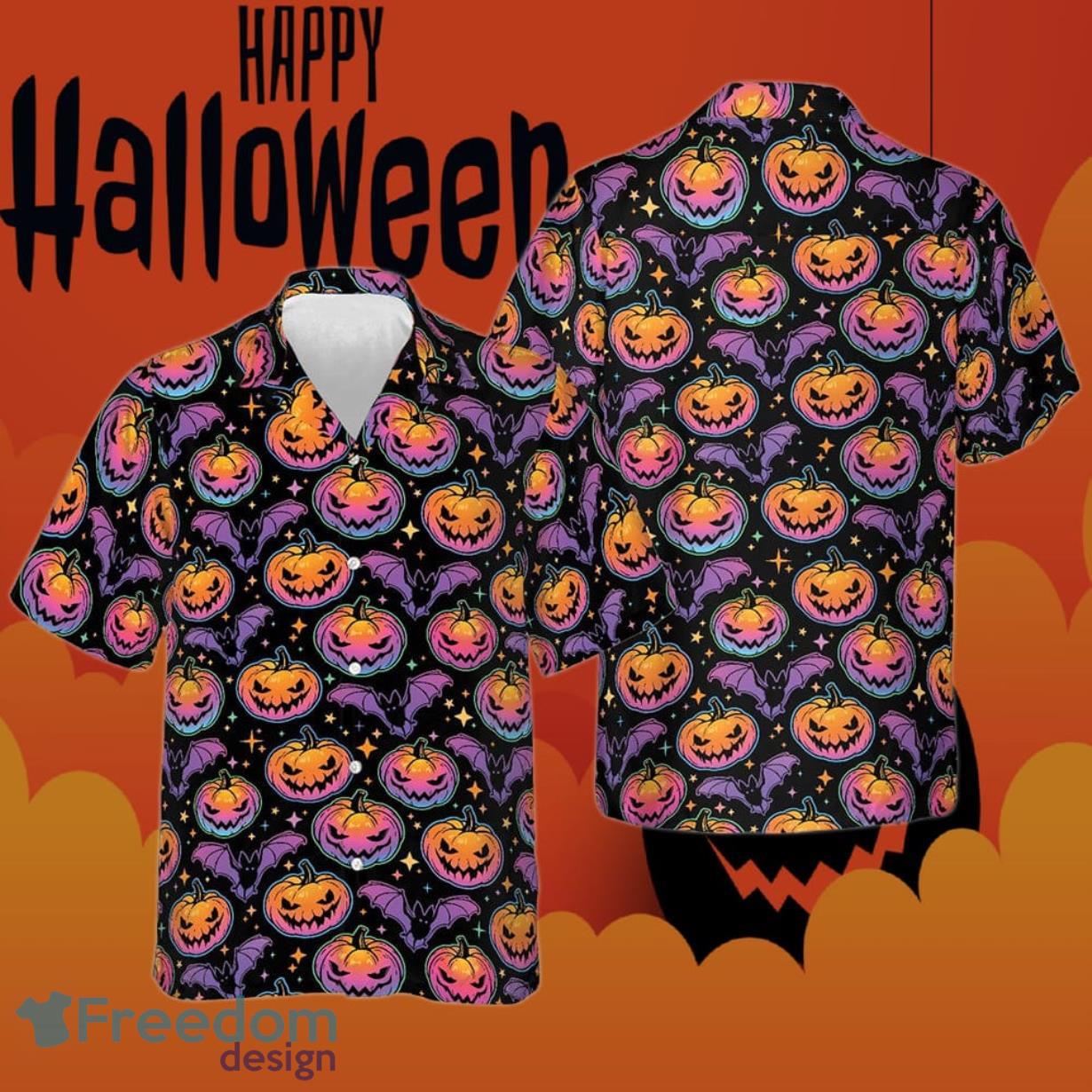 Pumpkin And Bat Halloween Hawaiian Shirt Horror Button Up Shirts Presents For Brother Product Photo 1