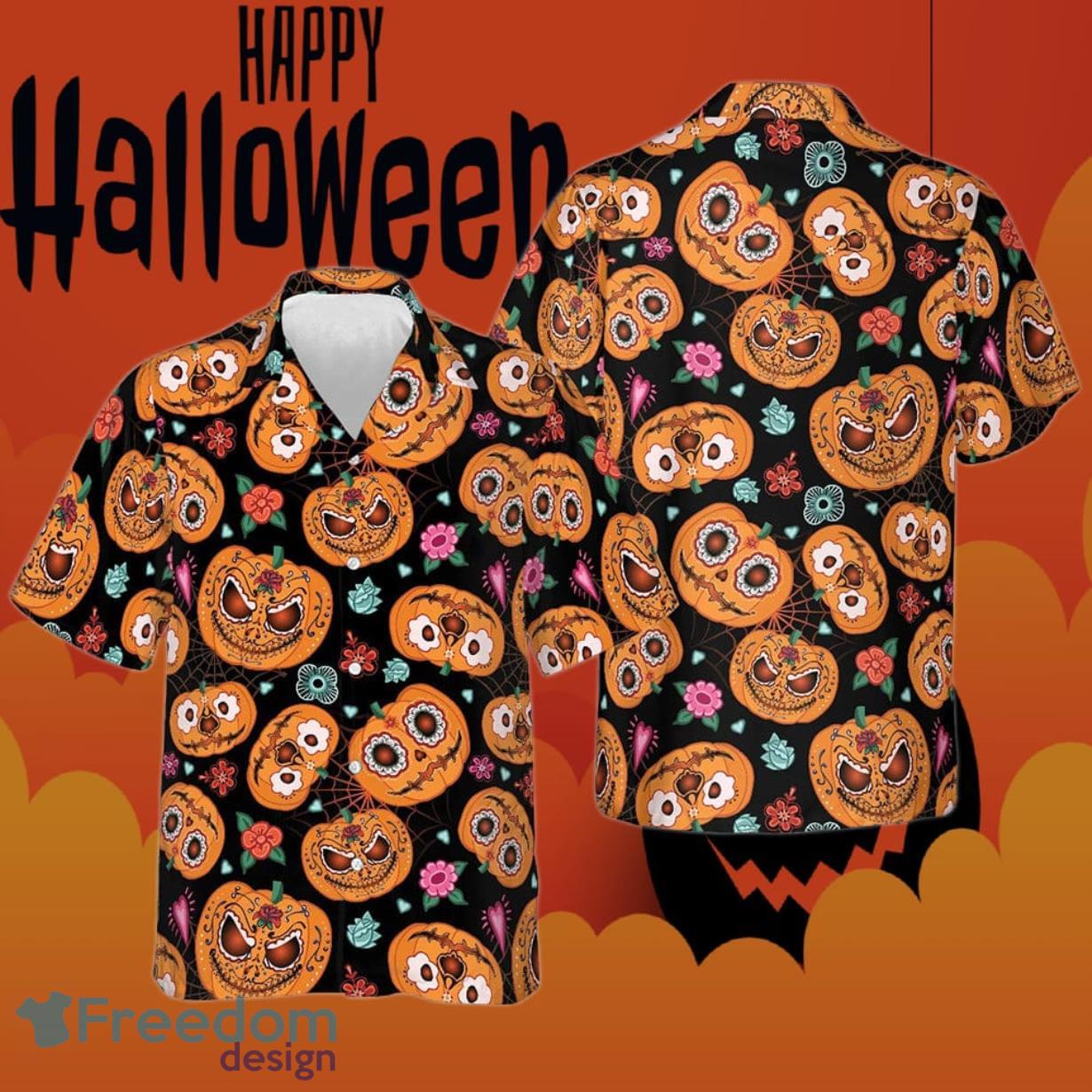 Pumpkin And Flowers Hawaiian Shirt Halloween Theme Funny Gifts For Him Product Photo 1