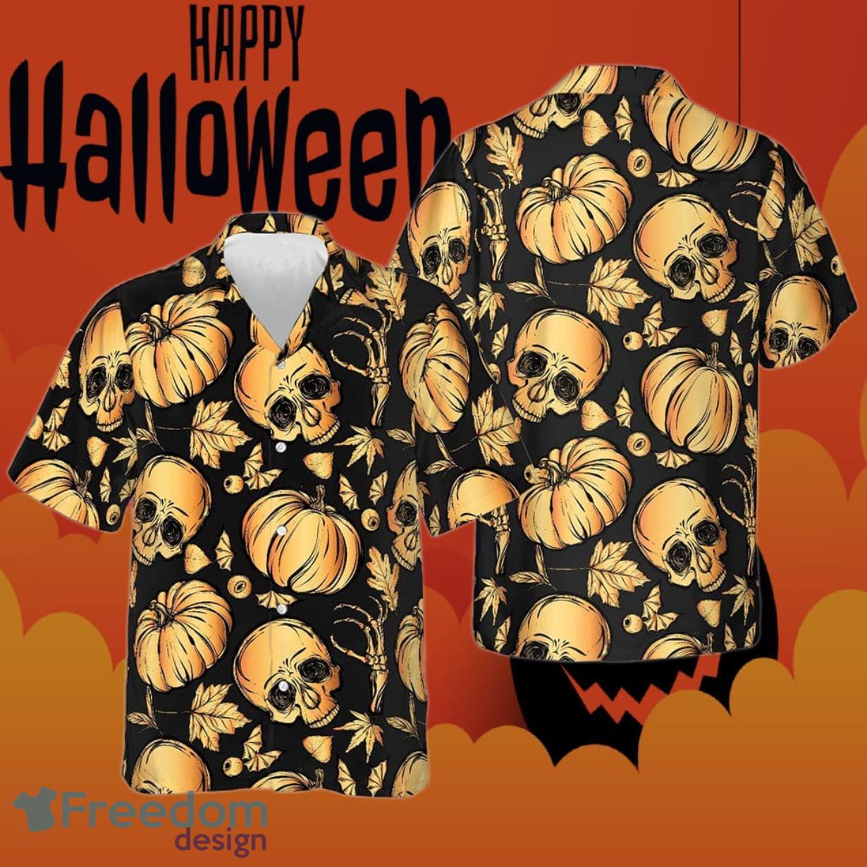 Pumpkin And Skull Halloween Hawaiian Shirt Button Down Vacation Shirts Halloween Gifts Product Photo 1