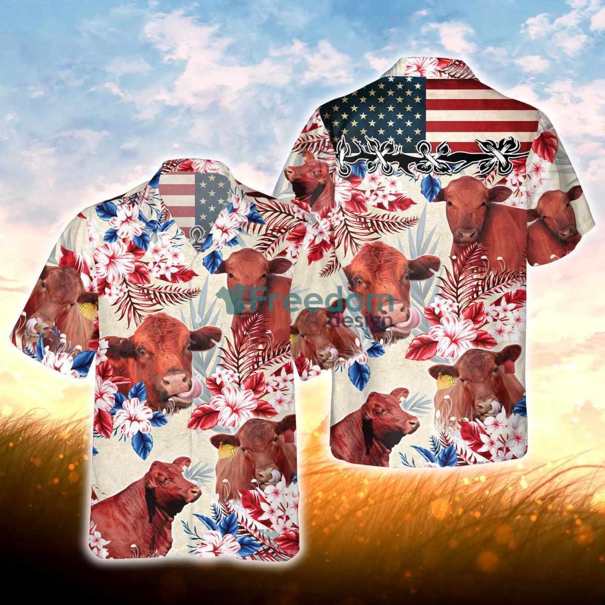 Red Angus Cattle American Flag Hawaiian Flowers All Over Printed 3D Hawaiian Shirt For Men Women Product Photo 1