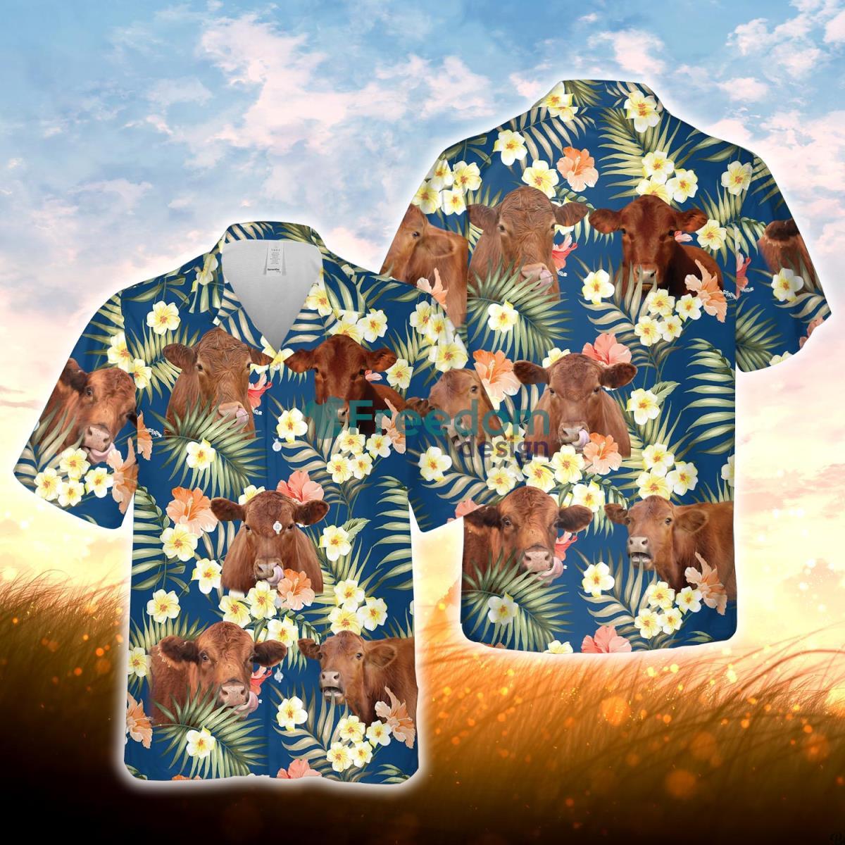 Red Angus Summer Blue Floral 3D Hawaiian Shirt For Men Women Product Photo 1