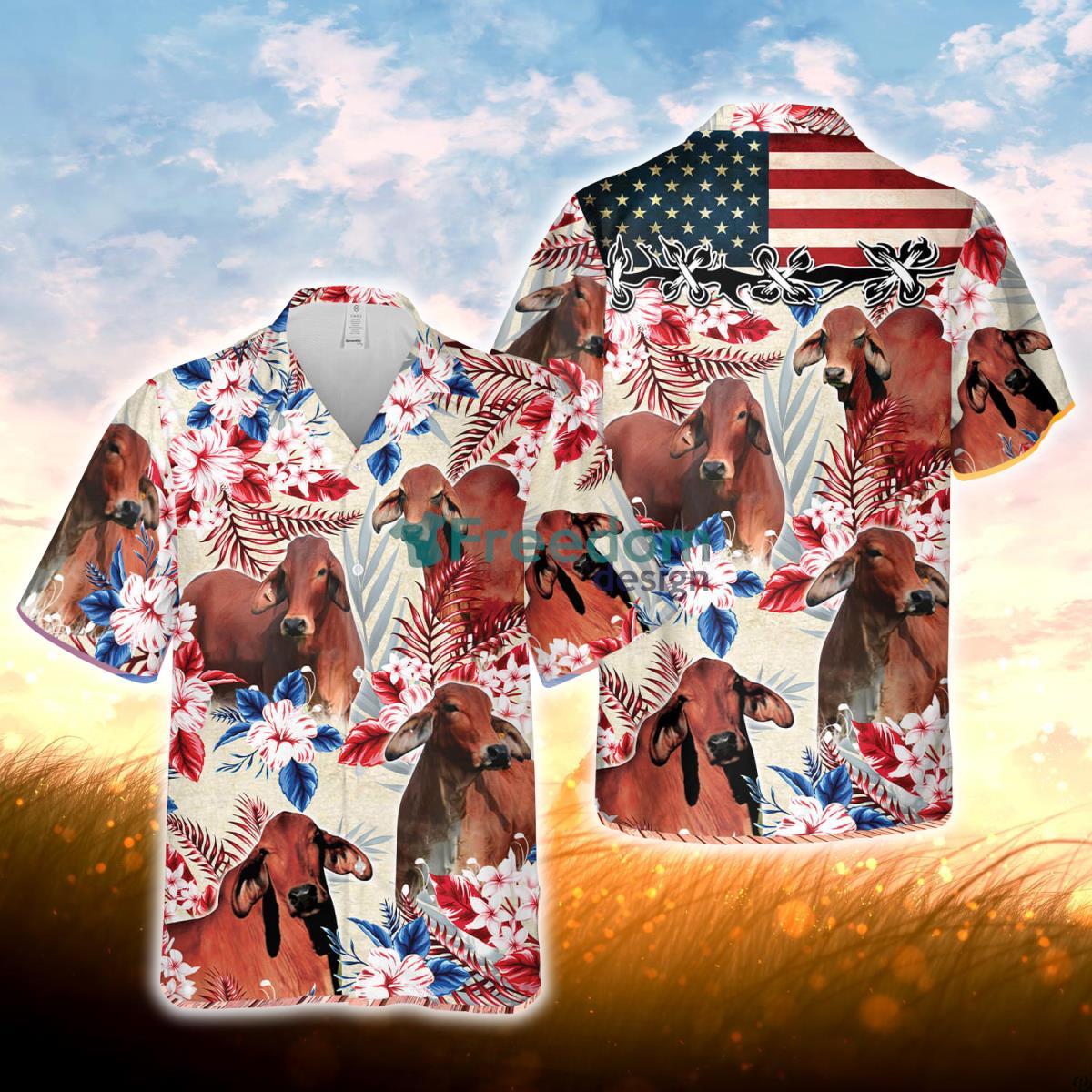 Red Brahman Cattle American Flag Hawaiian Flowers All Over Printed 3D Hawaiian Shirt For Men Women Product Photo 1