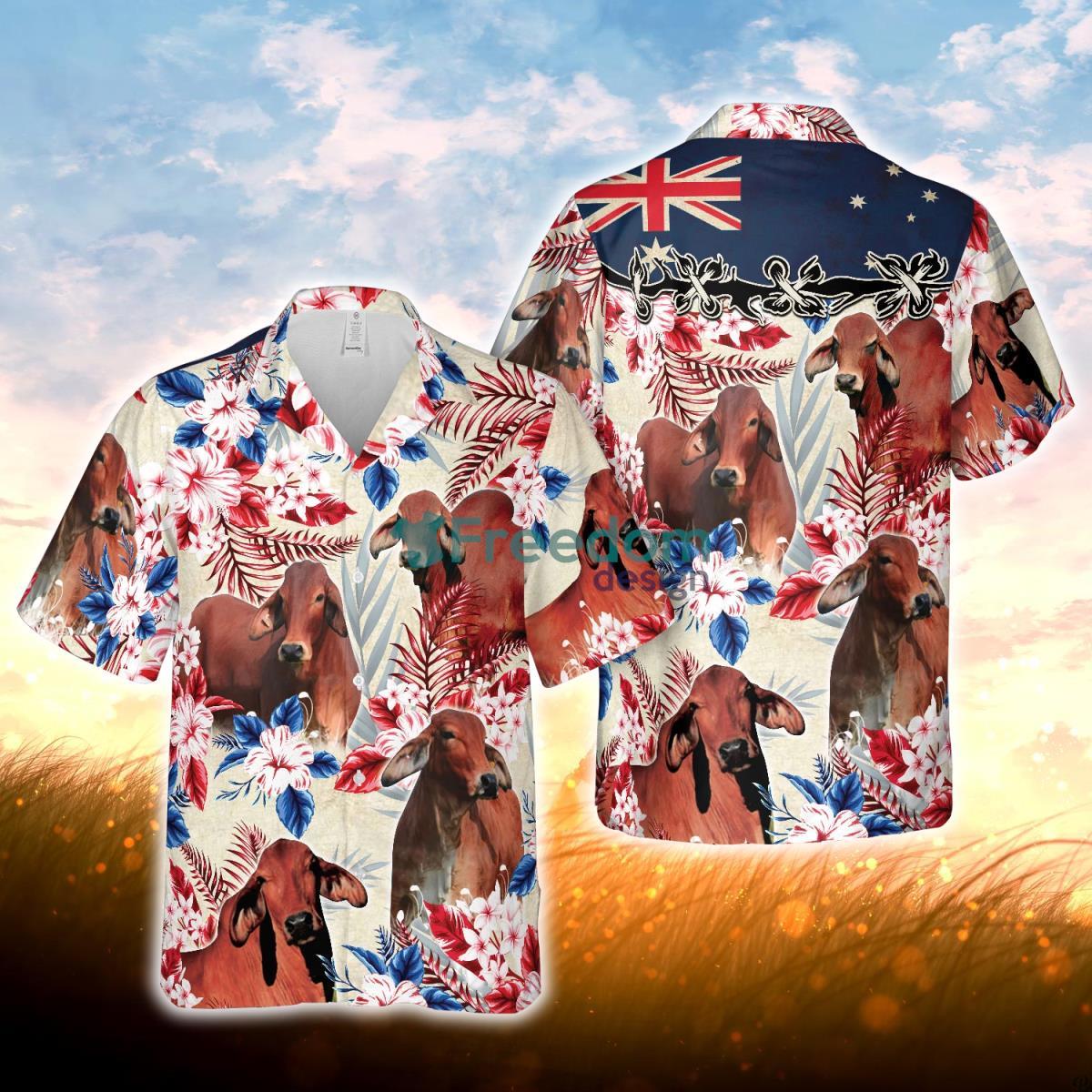 Red Brahman Cattle Australia Flag Hawaiian Flowers Hawaiian Shirt For Men Women Product Photo 1