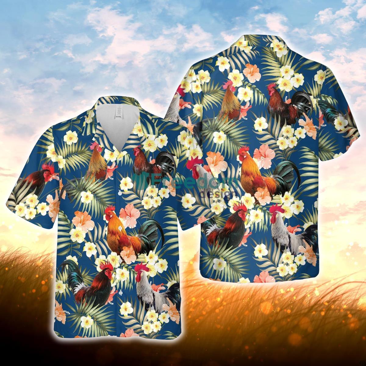 Rooster Summer Blue Floral 3D Hawaiian Shirt For Men Women Product Photo 1