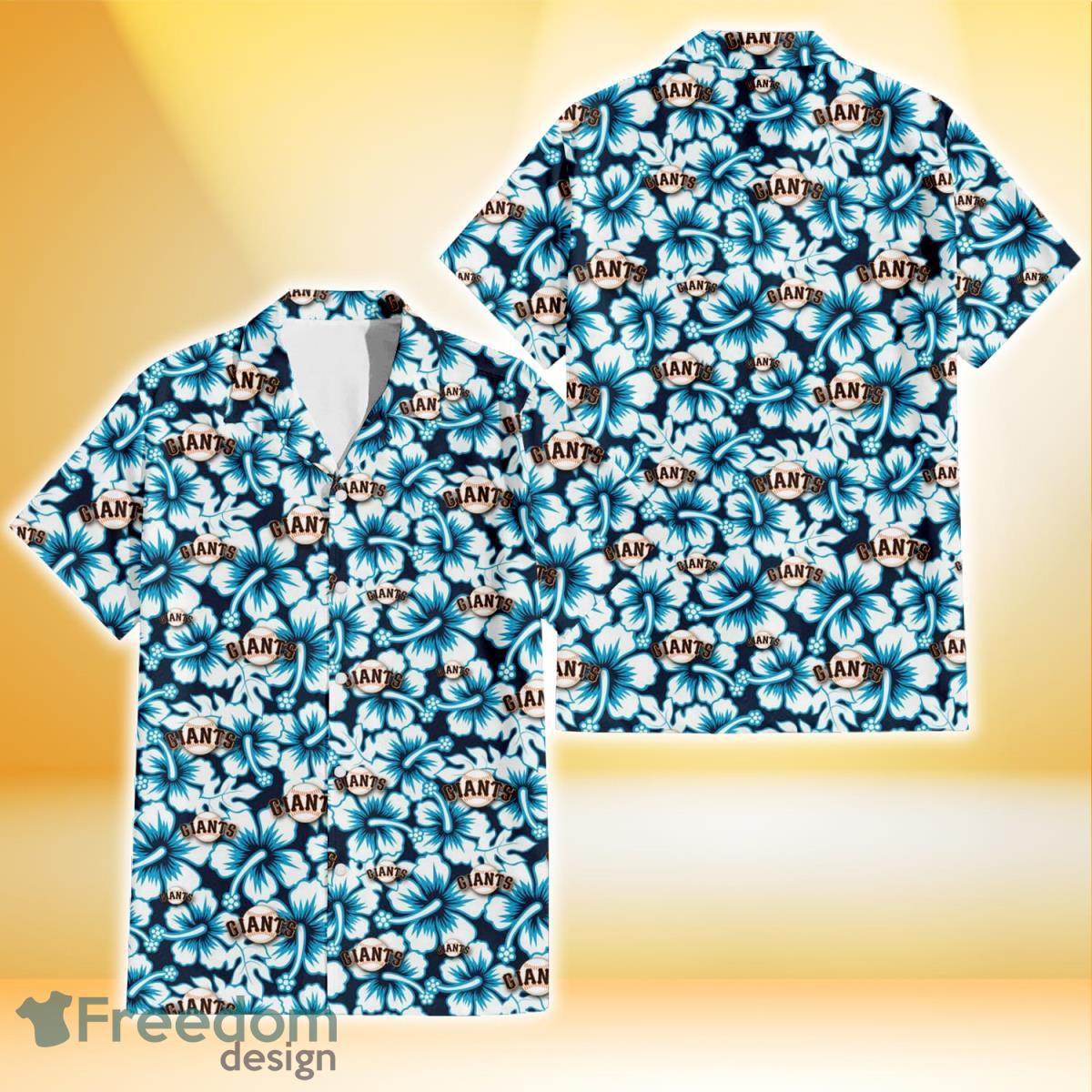 San Francisco Giants Blue Line White Hibiscus Black Background 3D Hawaiian Shirt Gift For Fans Product Photo 1