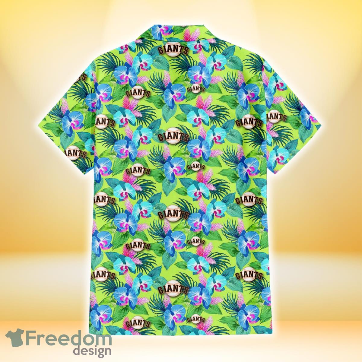 San Francisco Giants Blue Orchid Green Pink Leaf Green Background 3D Hawaiian Shirt Gift For Fans Product Photo 2