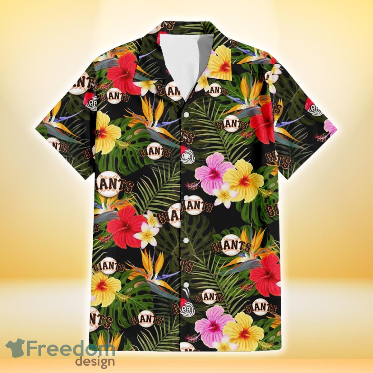 San Francisco Giants Colorful Hibiscus Green Leaf Back Background 3D Hawaiian Shirt Gift For Fans Product Photo 2