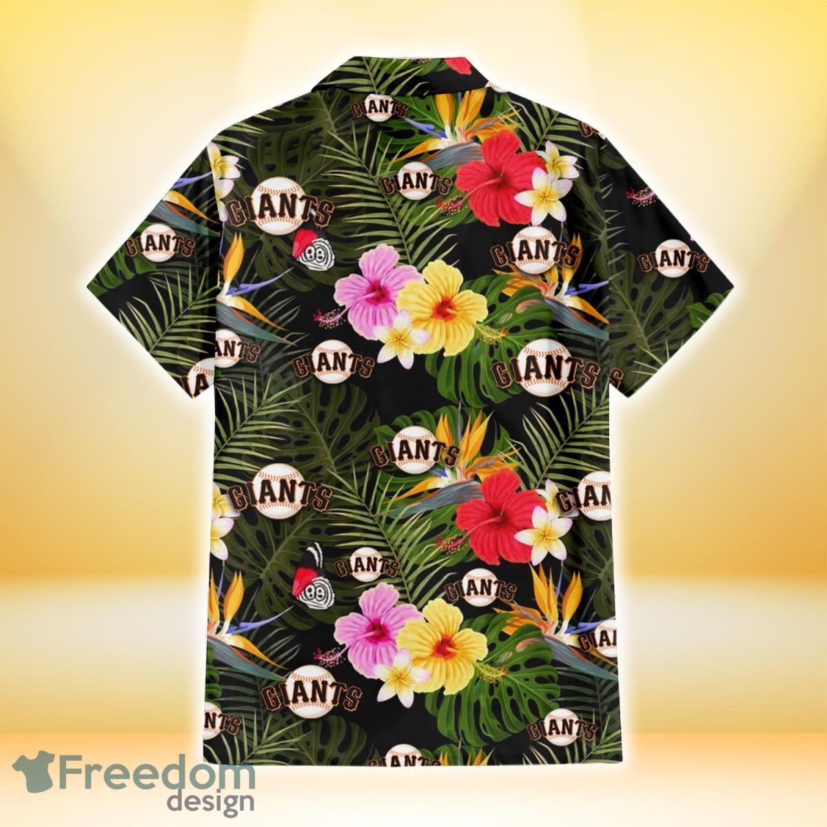 San Francisco Giants Light Pink Hibiscus Pale Green Leaf Black Background  3D Hawaiian Shirt Gift For Fans