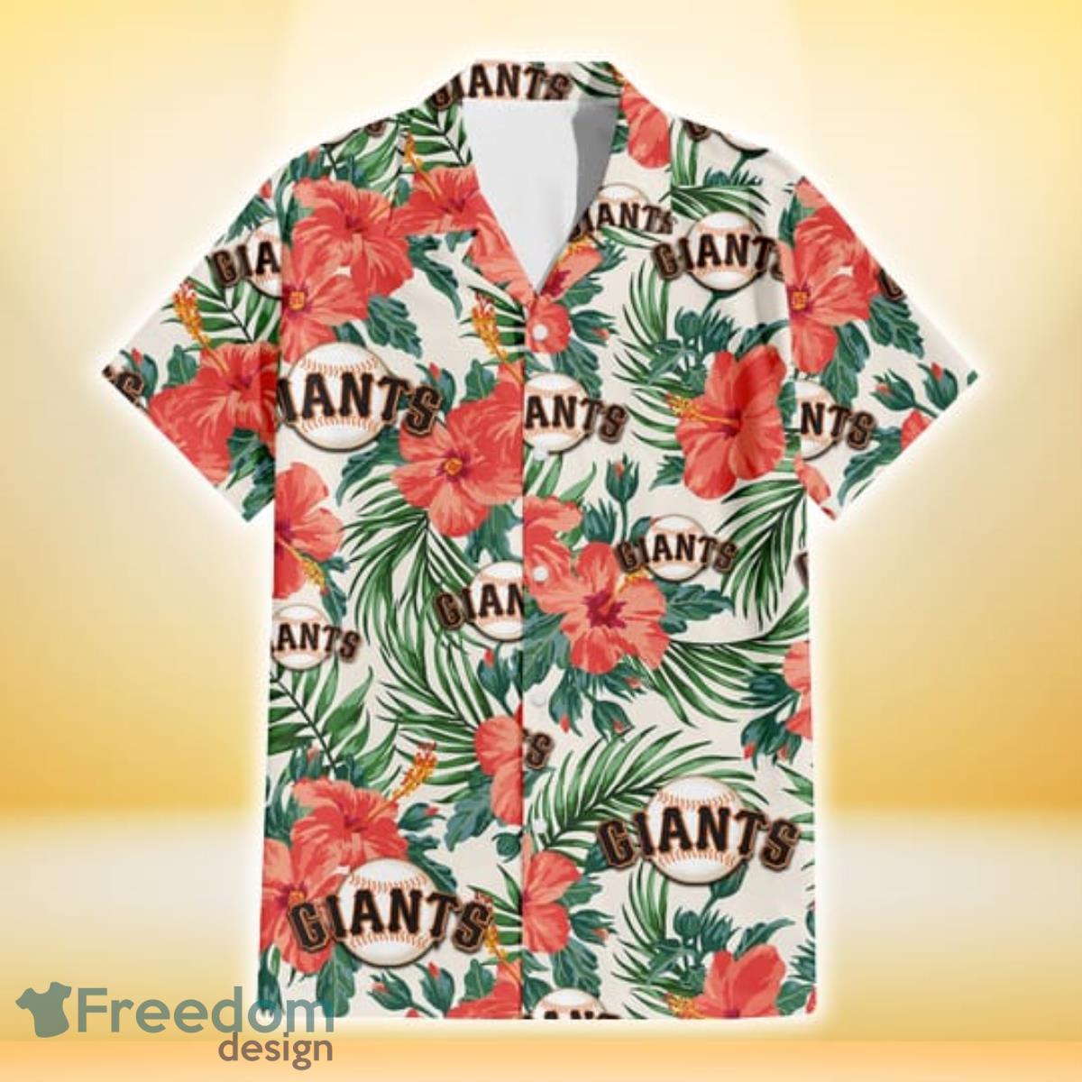 San Francisco Giants Coral Hibiscus Green Leaf Beige Background 3D Hawaiian Shirt Gift For Fans Product Photo 2