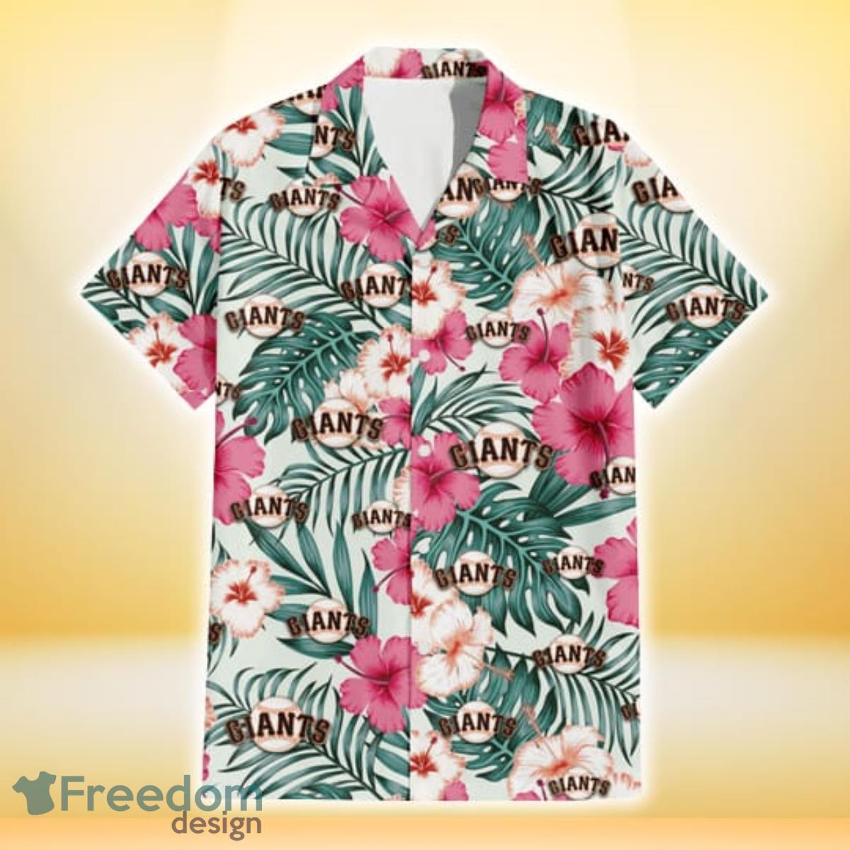 San Francisco Giants Coral Pink Hibiscus Green Leaf Beige Background 3D Hawaiian Shirt Gift For Fans Product Photo 2