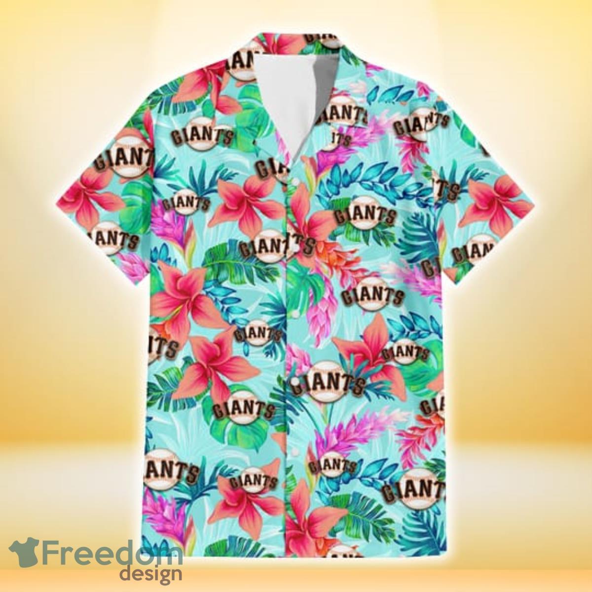 San Francisco Giants Coral Porcelain Flower Violet Orchid Light Blue Background 3D Hawaiian Shirt Gift For Fans Product Photo 2