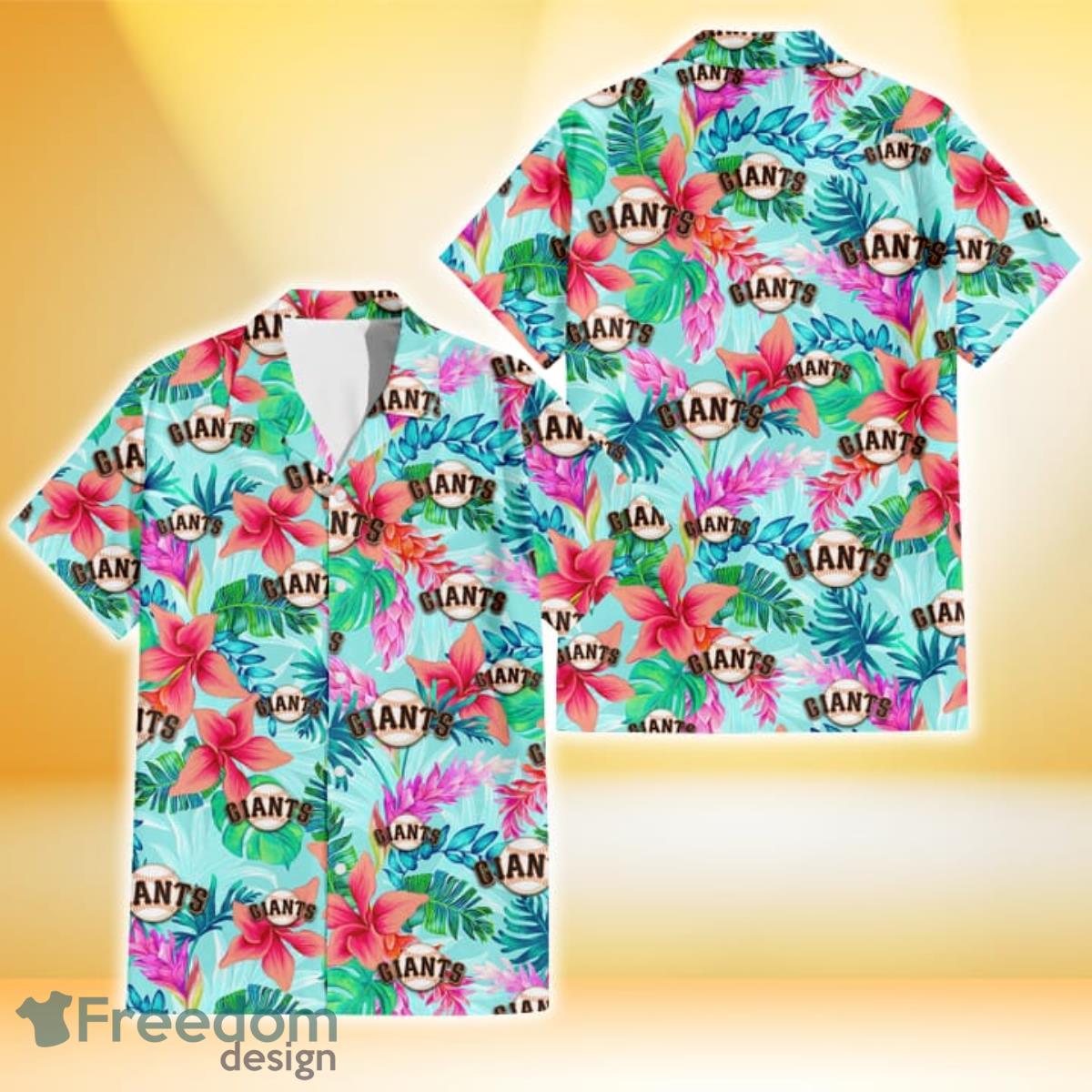 San Francisco Giants Coral Porcelain Flower Violet Orchid Light Blue Background 3D Hawaiian Shirt Gift For Fans Product Photo 1