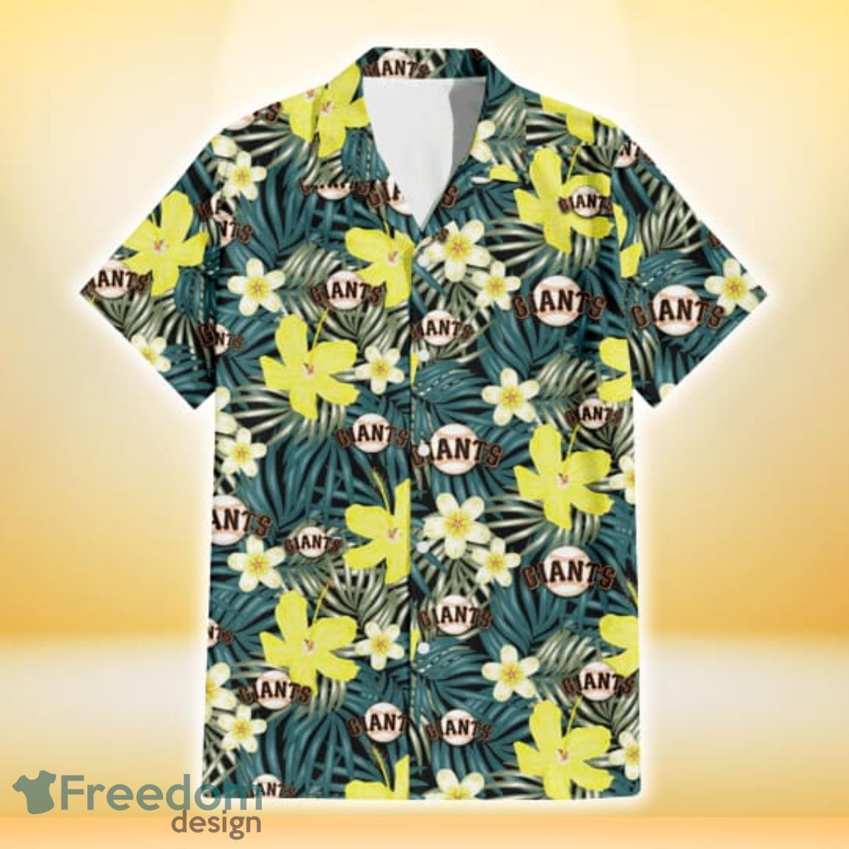 San Francisco Giants Hibiscus Green Palm Leaf Black Background 3D Hawaiian Shirt Gift For Fans Product Photo 2