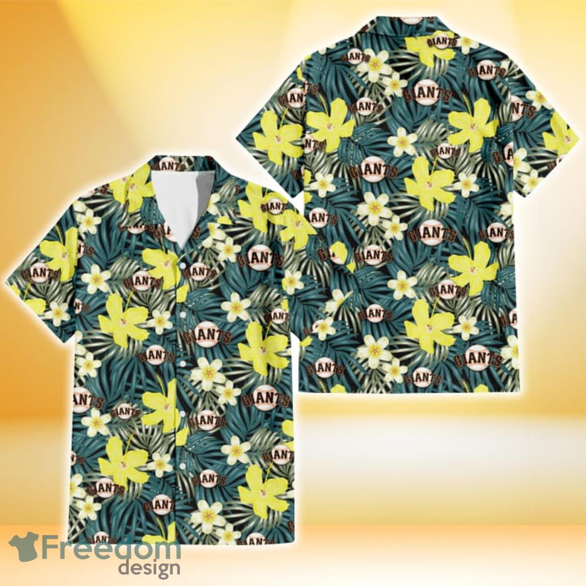 San Francisco Giants Hibiscus Green Palm Leaf Black Background 3D Hawaiian Shirt Gift For Fans Product Photo 1