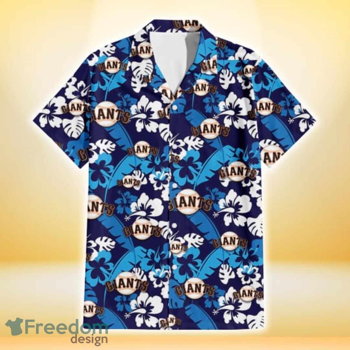 San Francisco Giants Light Blue Hibiscus Banana Leaf Navy Background 3D Hawaiian Shirt Gift For Fans Product Photo 2