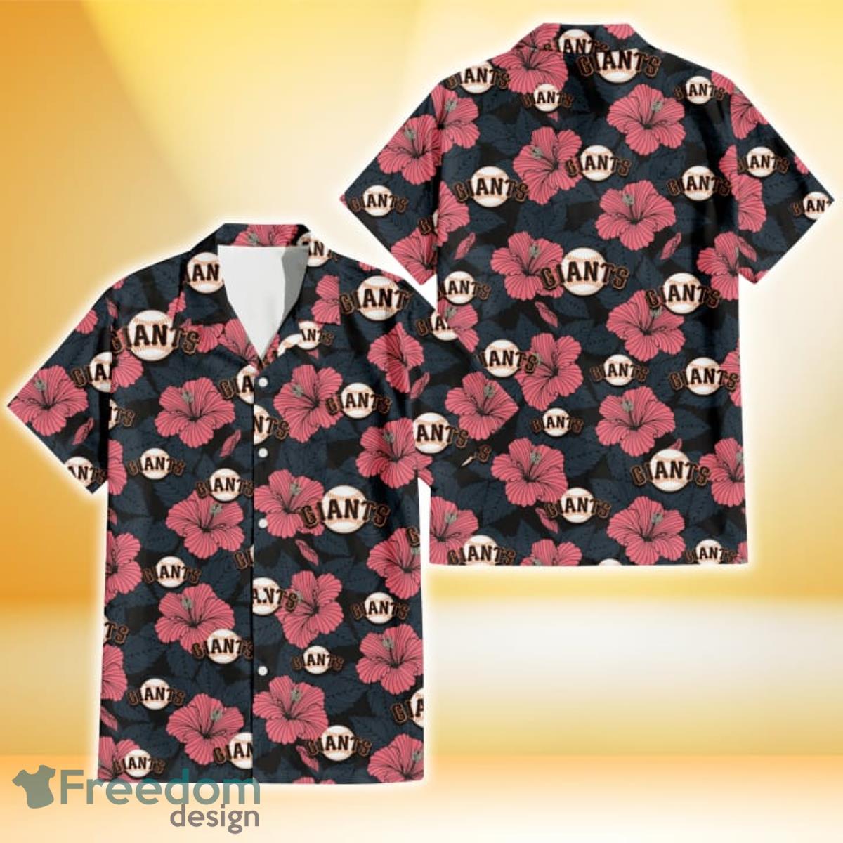 San Francisco Giants Light Coral Hibiscus Gray Leaf Black Background 3D Hawaiian Shirt Gift For Fans Product Photo 1