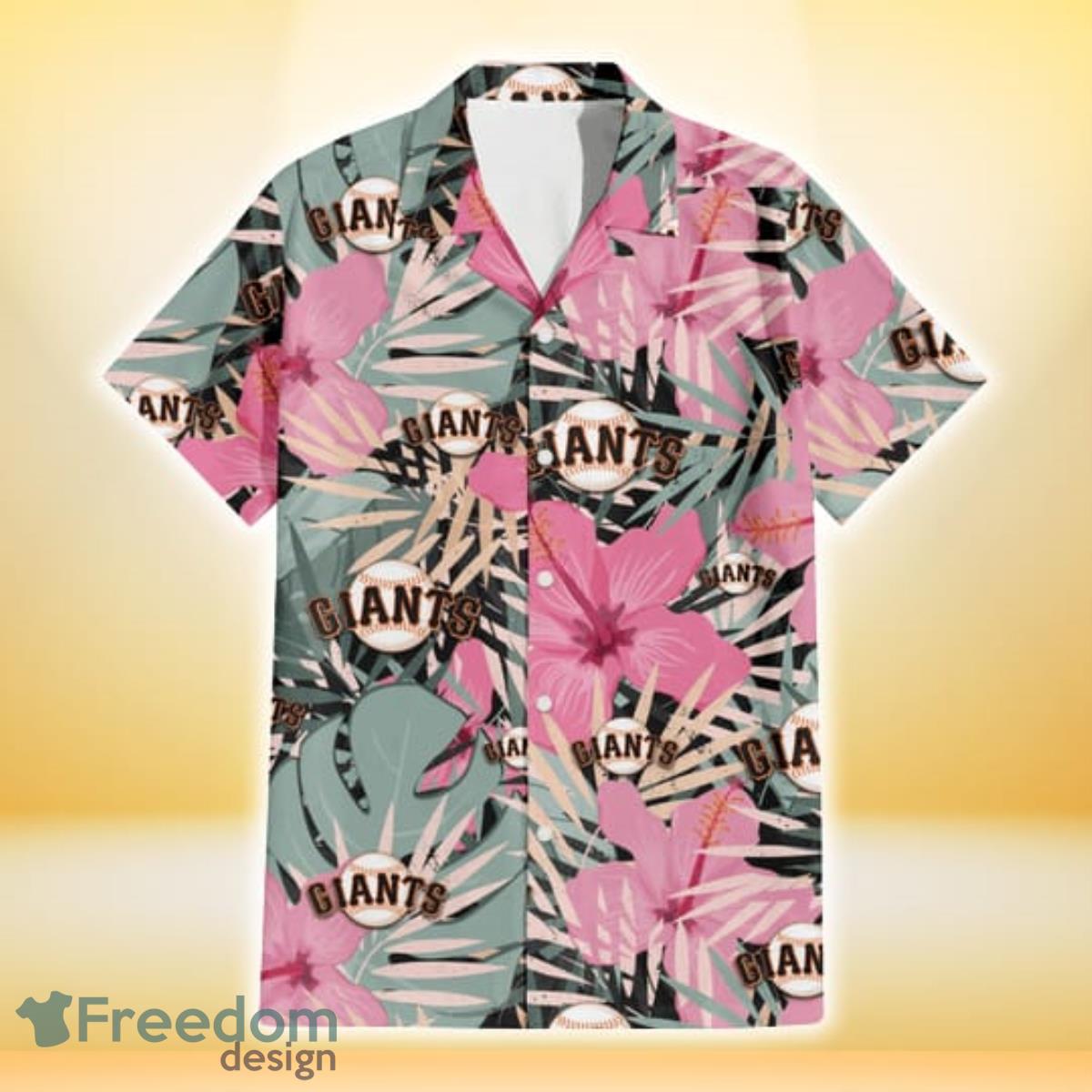 San Francisco Giants Light Pink Hibiscus Pale Green Leaf Black Background 3D Hawaiian Shirt Gift For Fans Product Photo 2