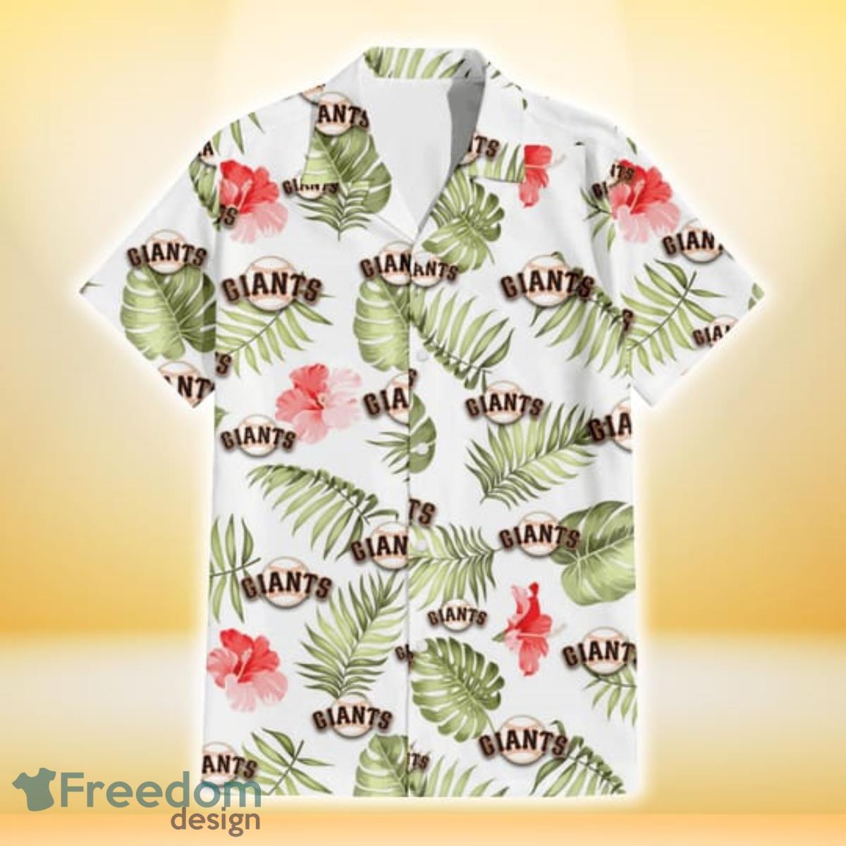 San Francisco Giants Light Salmon Hibiscus Green Leaf White Background 3D Hawaiian Shirt Gift For Fans Product Photo 2