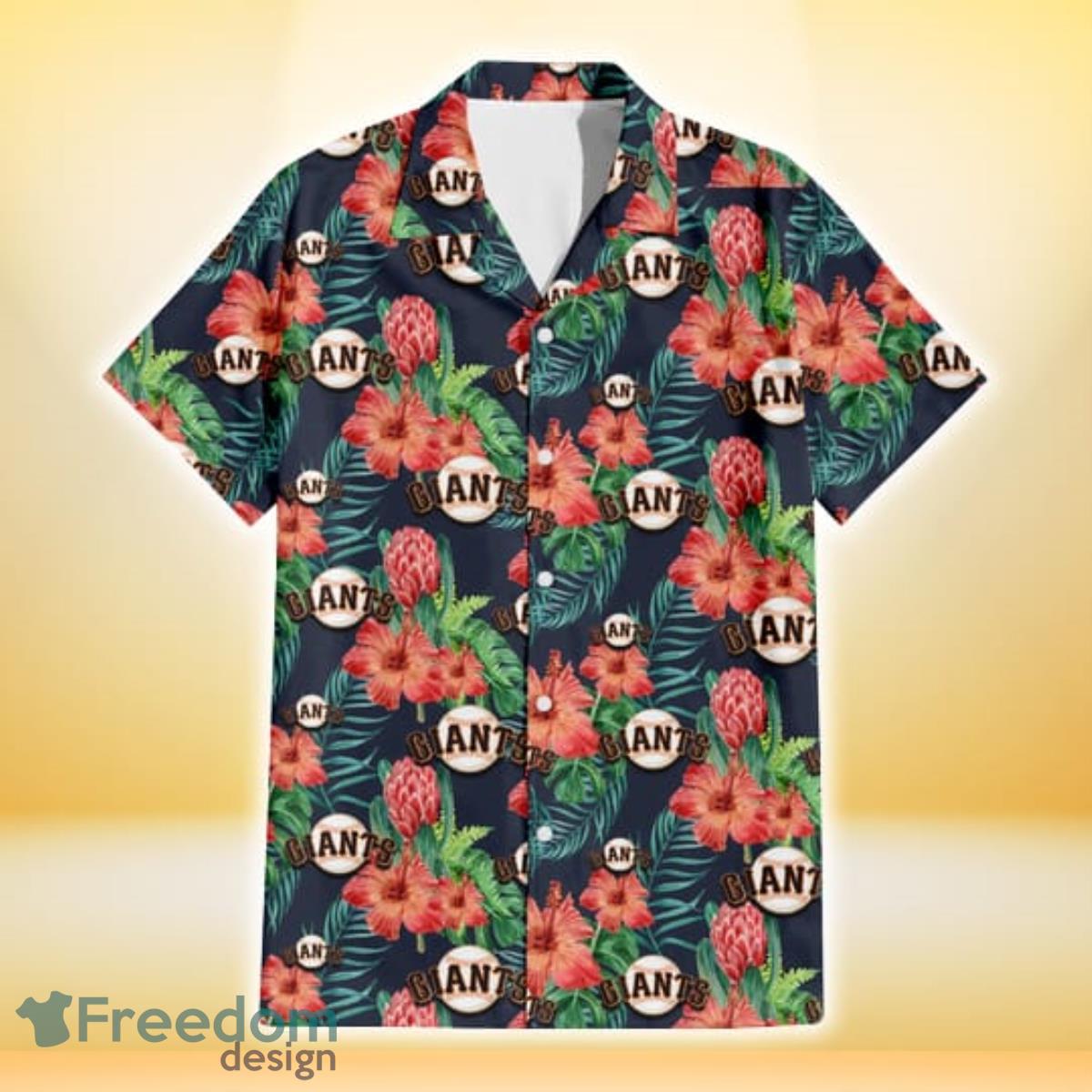 San Francisco Giants Orange Hibiscus Green Tropical Leaf Dark Background 3D Hawaiian Shirt Gift For Fans Product Photo 2