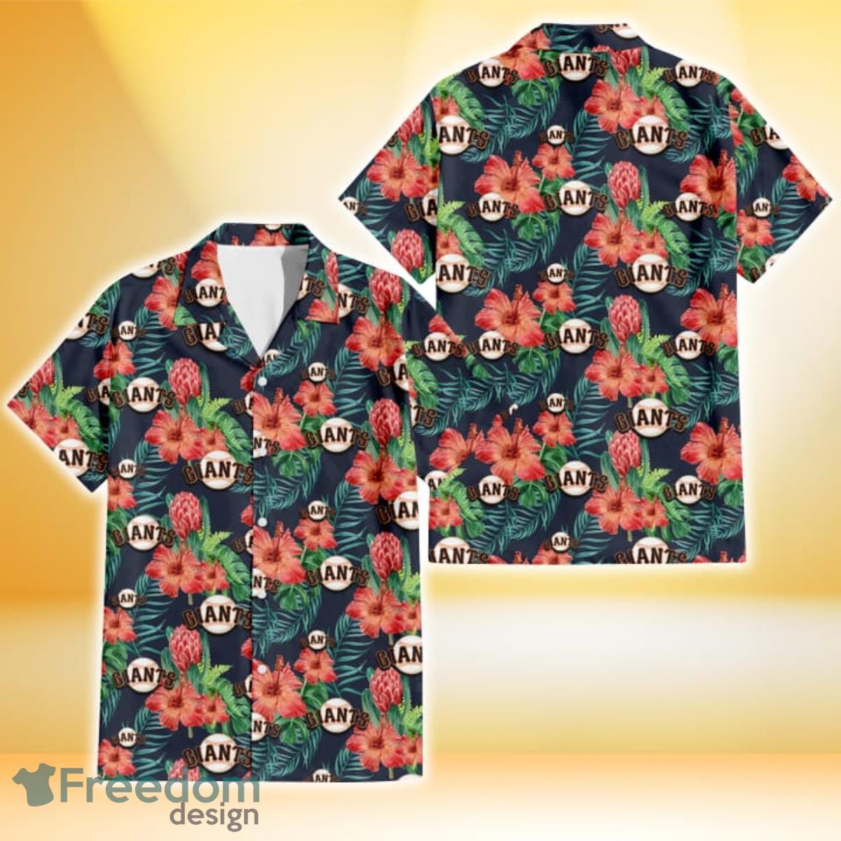 San Francisco Giants Orange Hibiscus Green Tropical Leaf Dark Background 3D Hawaiian Shirt Gift For Fans Product Photo 1