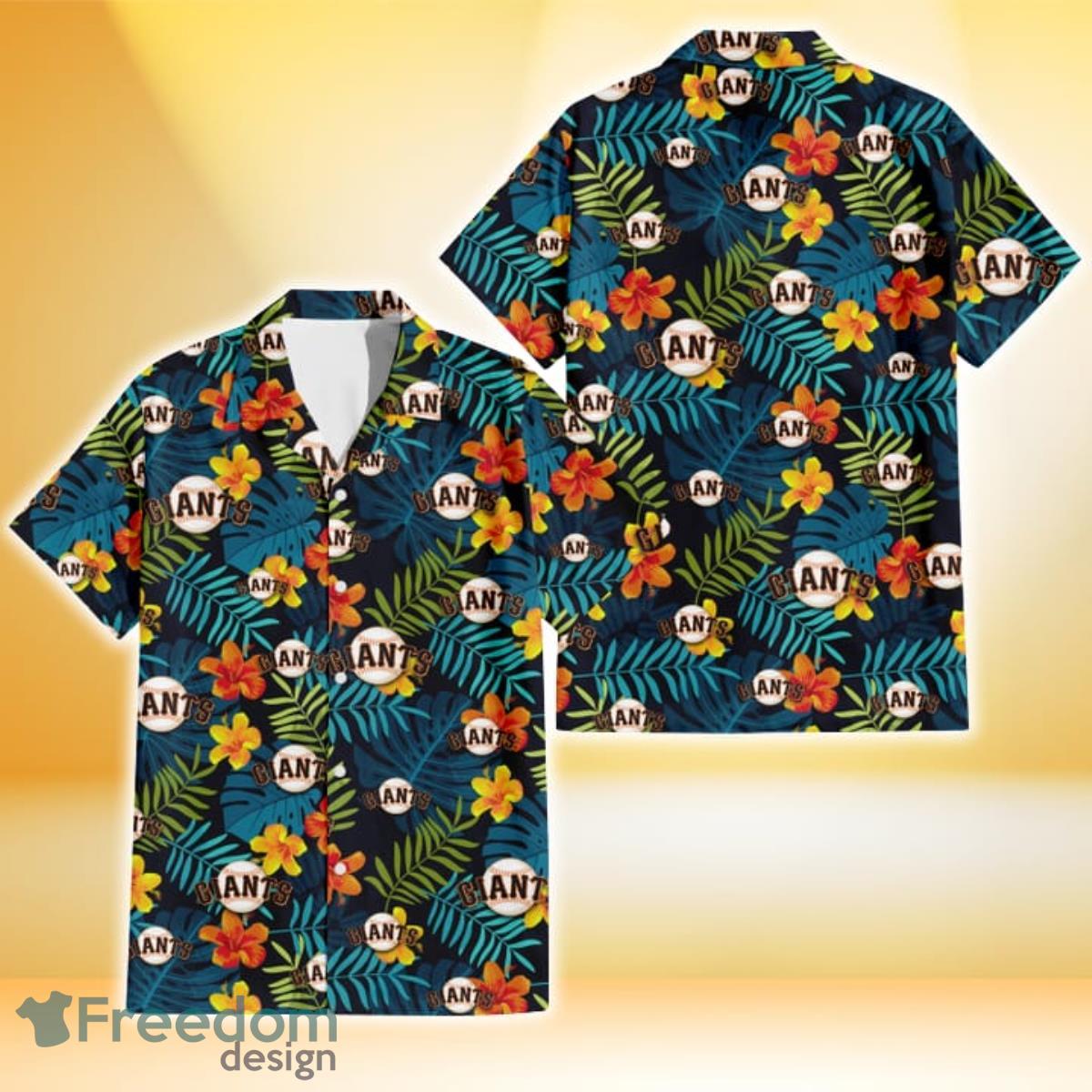 San Francisco Giants Orange White Tropical Hibiscus Green Leaf Hawaiian  Shirt