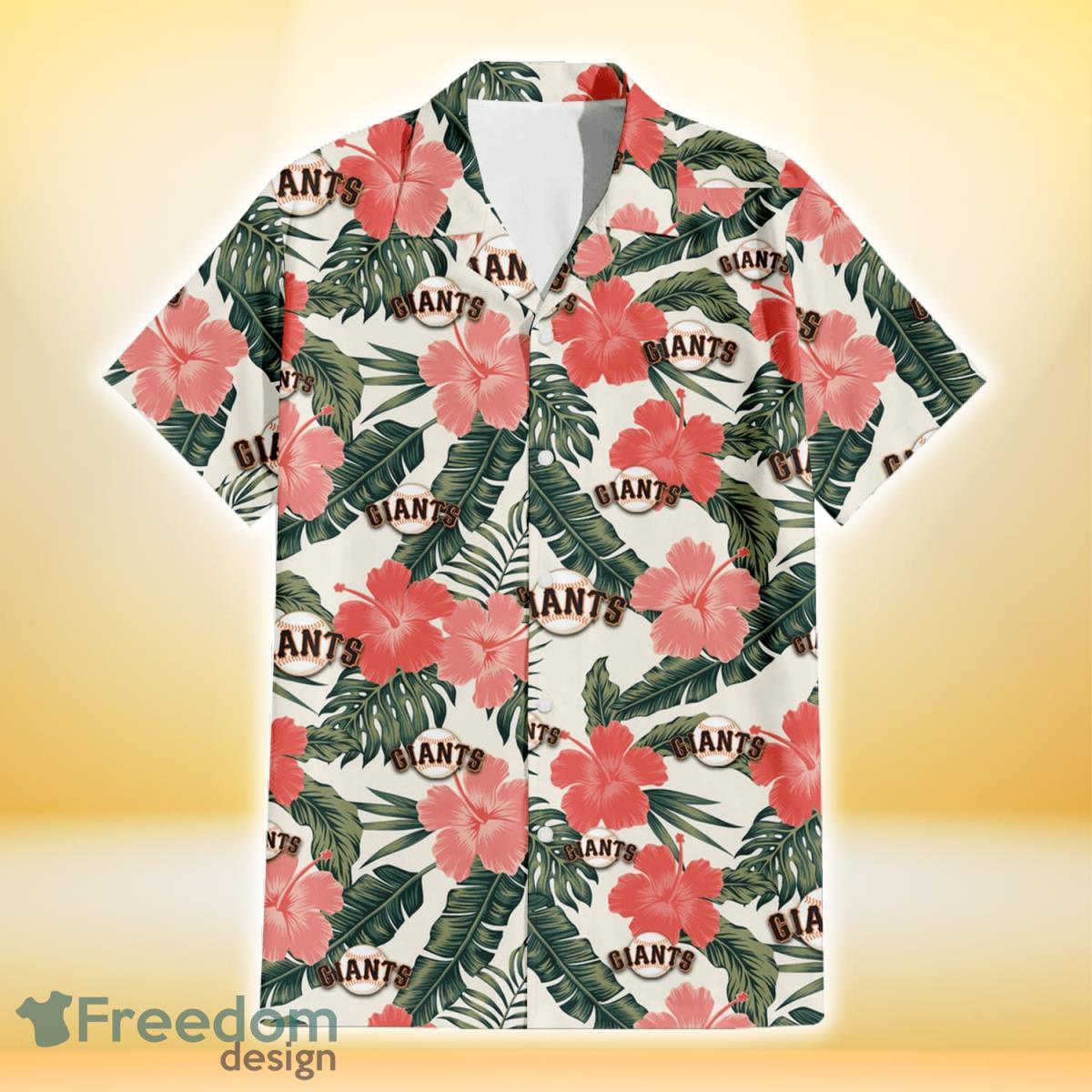 San Francisco Giants Pink Coral Hibiscus Banana Leaf Beige Background 3D Hawaiian Shirt Gift For Fans Product Photo 2