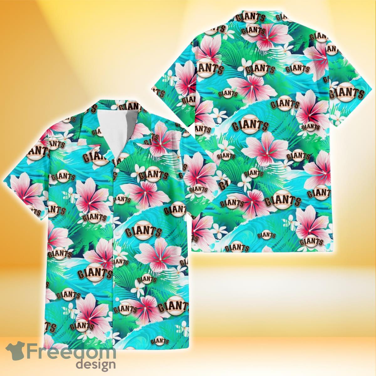 San Francisco Giants Pink Hibiscus Green Leaf Blue Background 3D Hawaiian Shirt Gift For Fans Product Photo 1