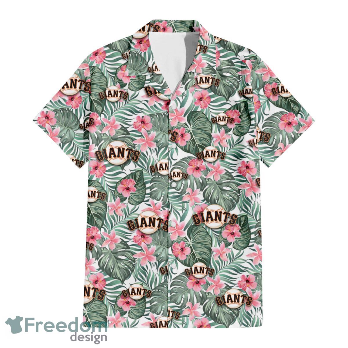 San Francisco Giants Pink Hibiscus Porcelain Flower Tropical Leaf White Background 3D Hawaiian Shirt Gift For Fans Product Photo 2