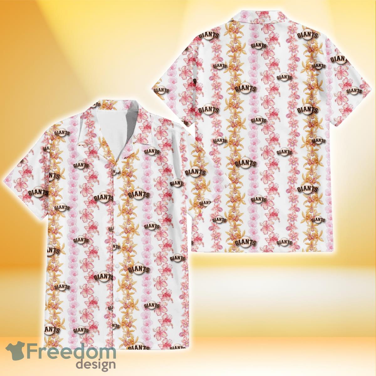 San Francisco Giants Pink Hibiscus Yellow Pink Orchid White Background 3D Hawaiian Shirt Gift For Fans Product Photo 1