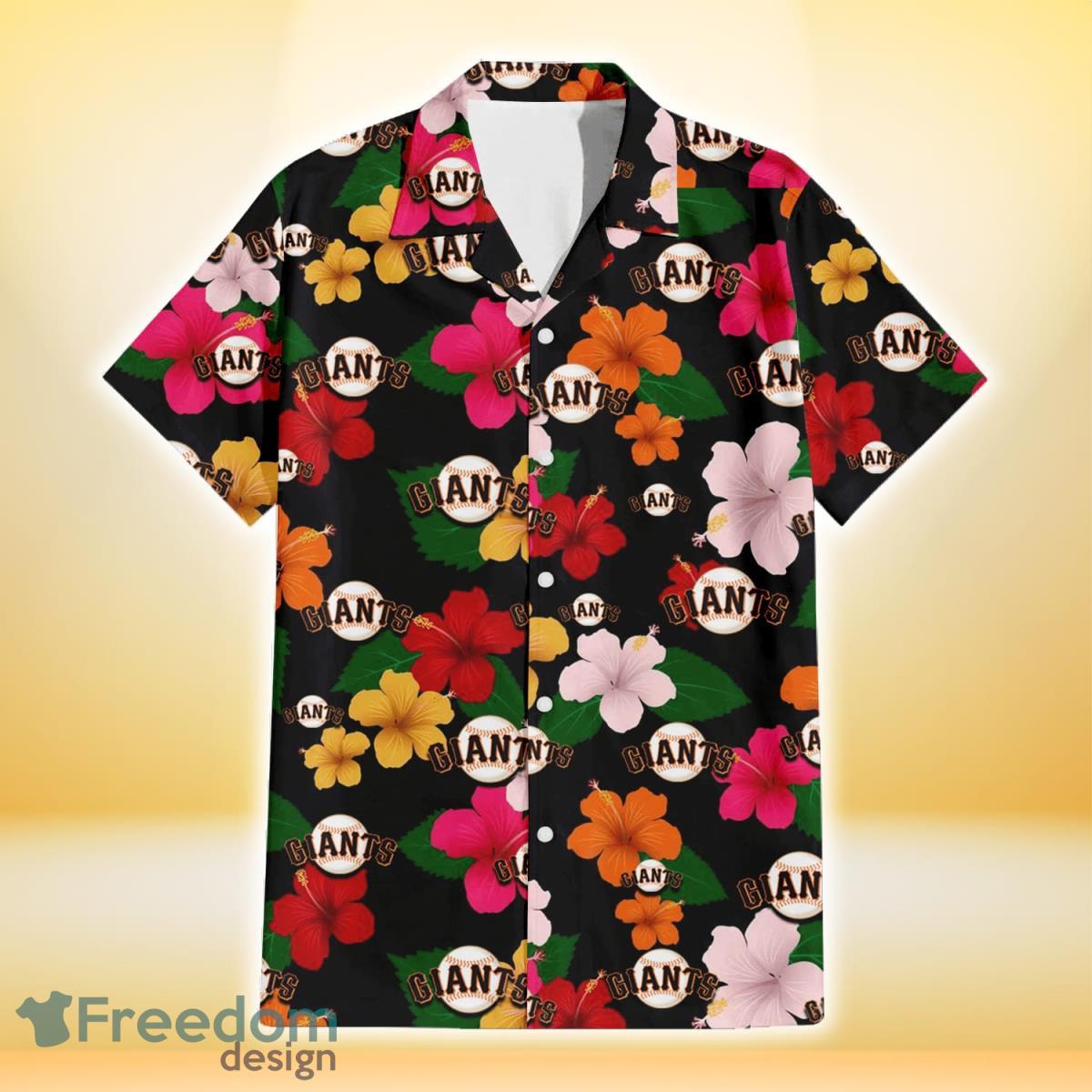 San Francisco Giants Pink Orange Yellow White Hibiscus Black Background 3D Hawaiian Shirt Gift For Fans Product Photo 2