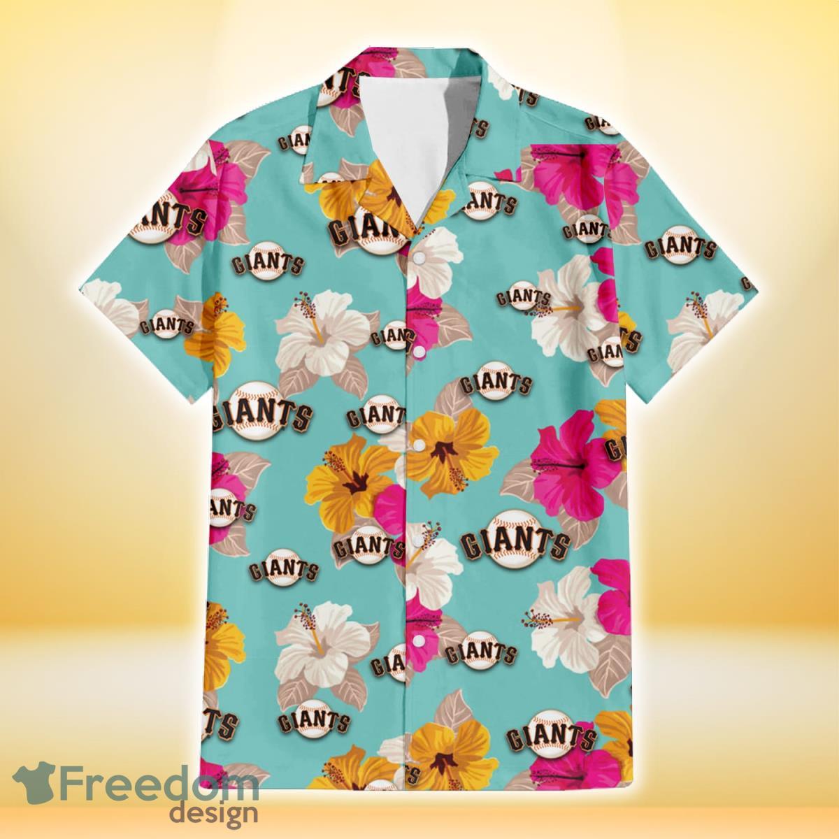 San Francisco Giants Pink Yellow White Hibiscus Turquoise Background 3D Hawaiian Shirt Gift For Fans Product Photo 2