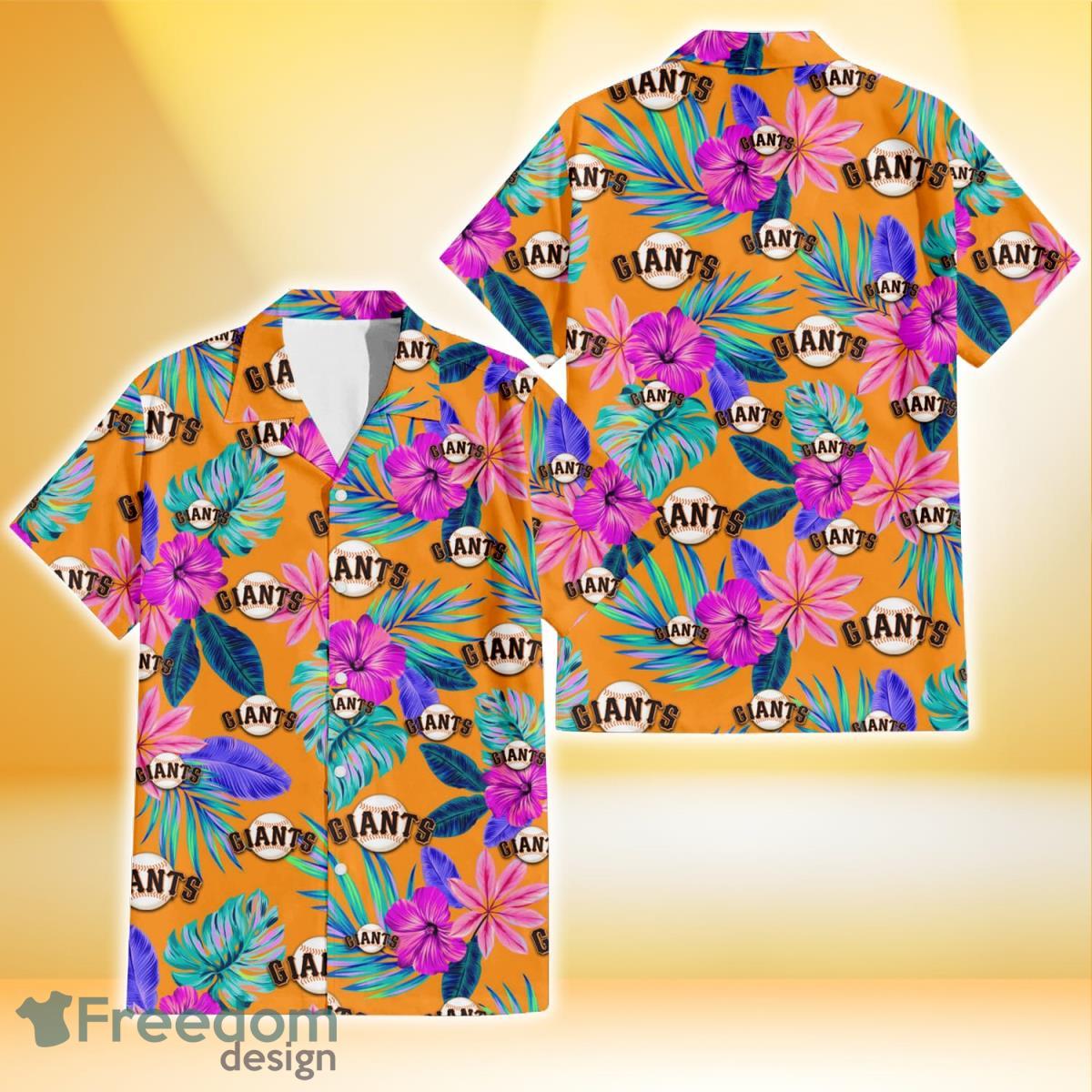 San Francisco Giants Purple Hibiscus Neon Leaf Orange Background 3D  Hawaiian Shirt Gift For Fans - Freedomdesign