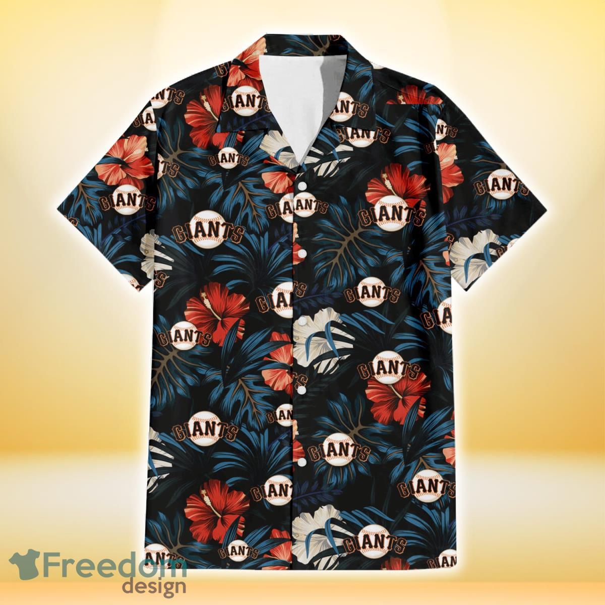 San Francisco Giants Red And White Hibiscus Dark Leaf Black Background 3D Hawaiian Shirt Gift For Fans Product Photo 2