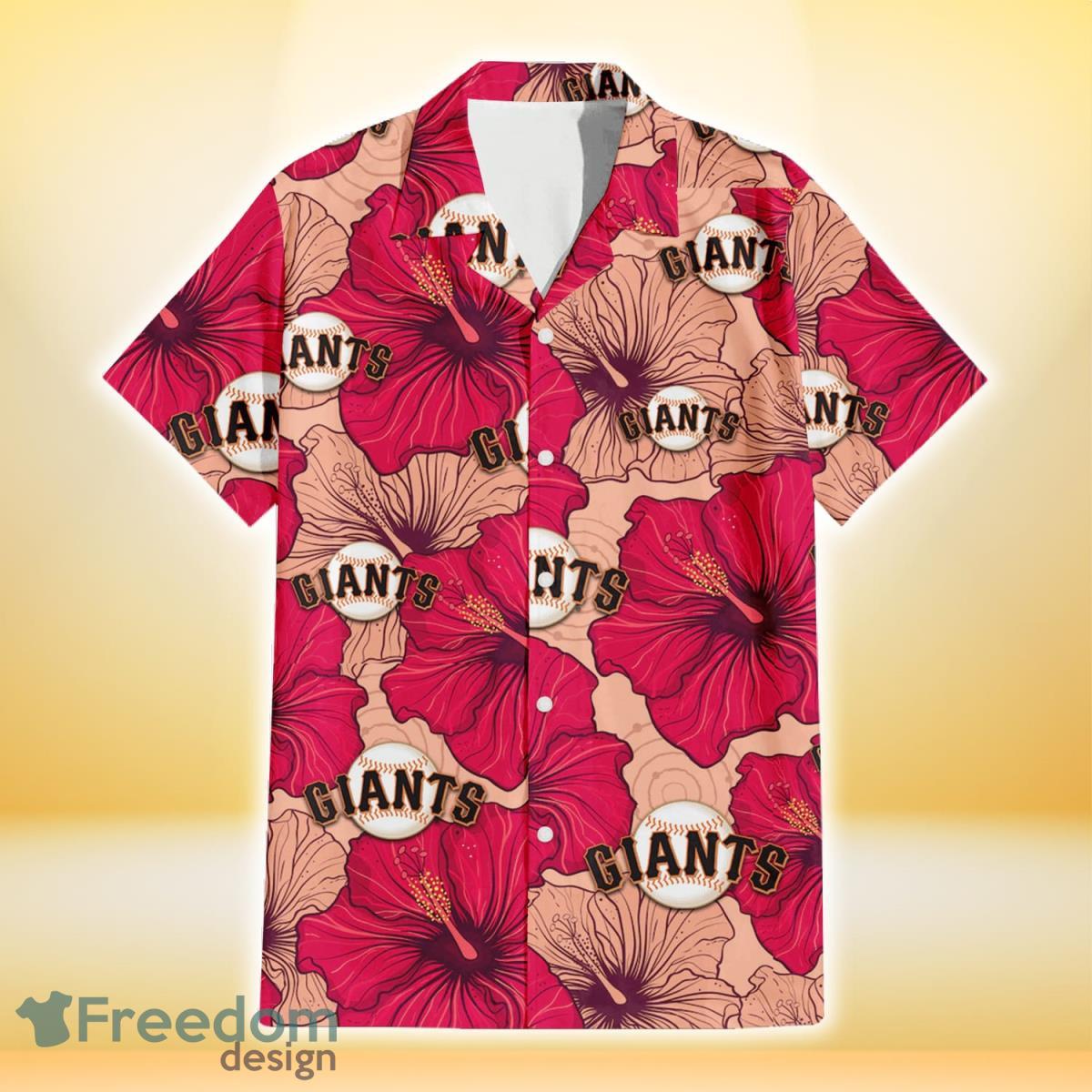 San Francisco Giants Red Beige Hibiscus Beige Background 3D Hawaiian Shirt Gift For Fans Product Photo 2